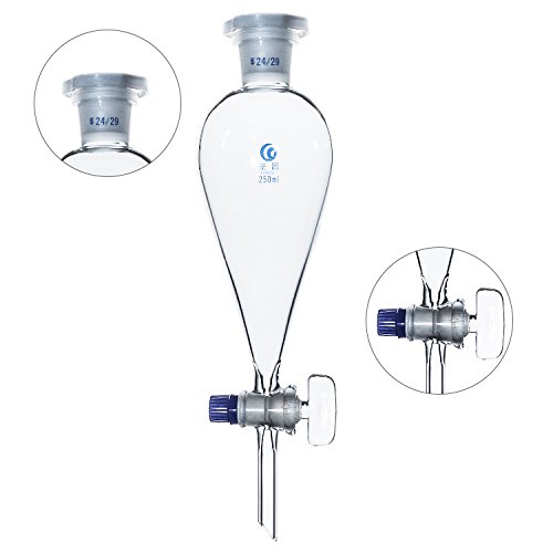 250ml Borosilicate Glass Conical Separatory Funnel with Glass Stopcock & 19/26 Joints - Pear Shape Lab Equipment for Chemistry, Science Experiments & Educational Use