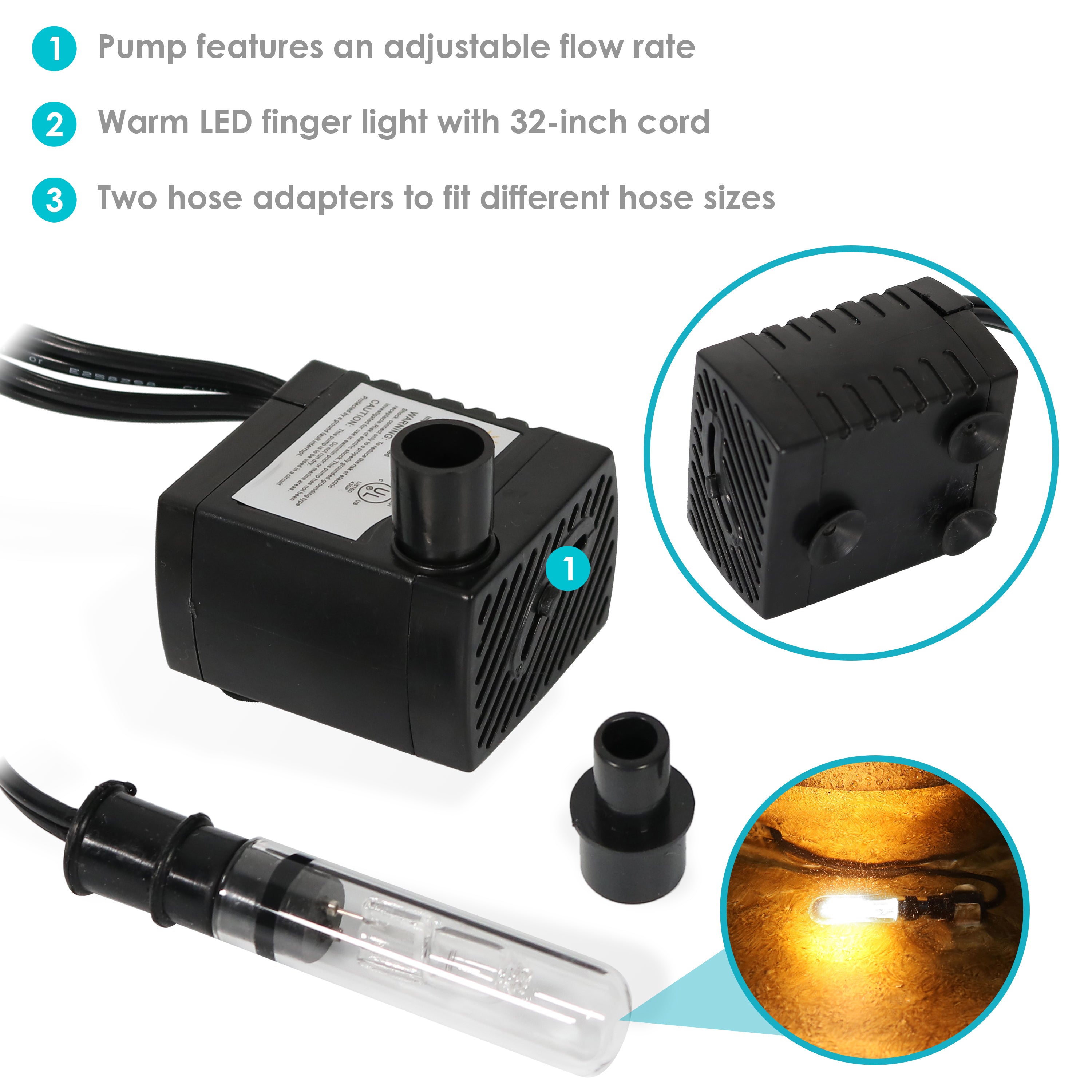 12W Sunnydaze Electric Submersible Water Pump with LED Finger Light - Ideal for Ponds, Fountains, Aquariums & Hydroponic Systems