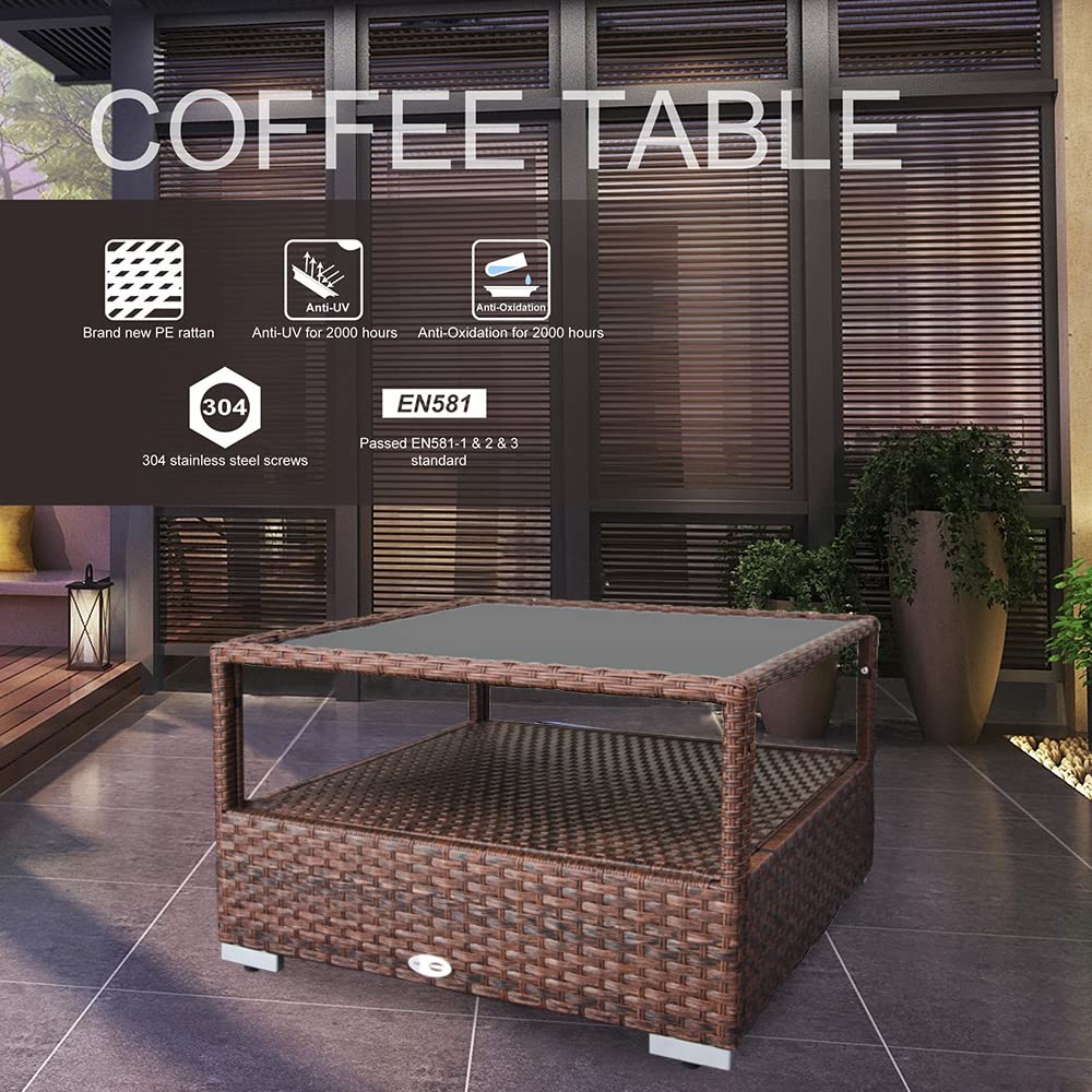 DIMAR GARDEN Outdoor Coffee Table - 29.5 Inch Wicker Patio Rattan Side Table with Tempered Glass Top & Storage Shelf, Mixed Brown - Perfect for Garden, Balcony, and Poolside Relaxation