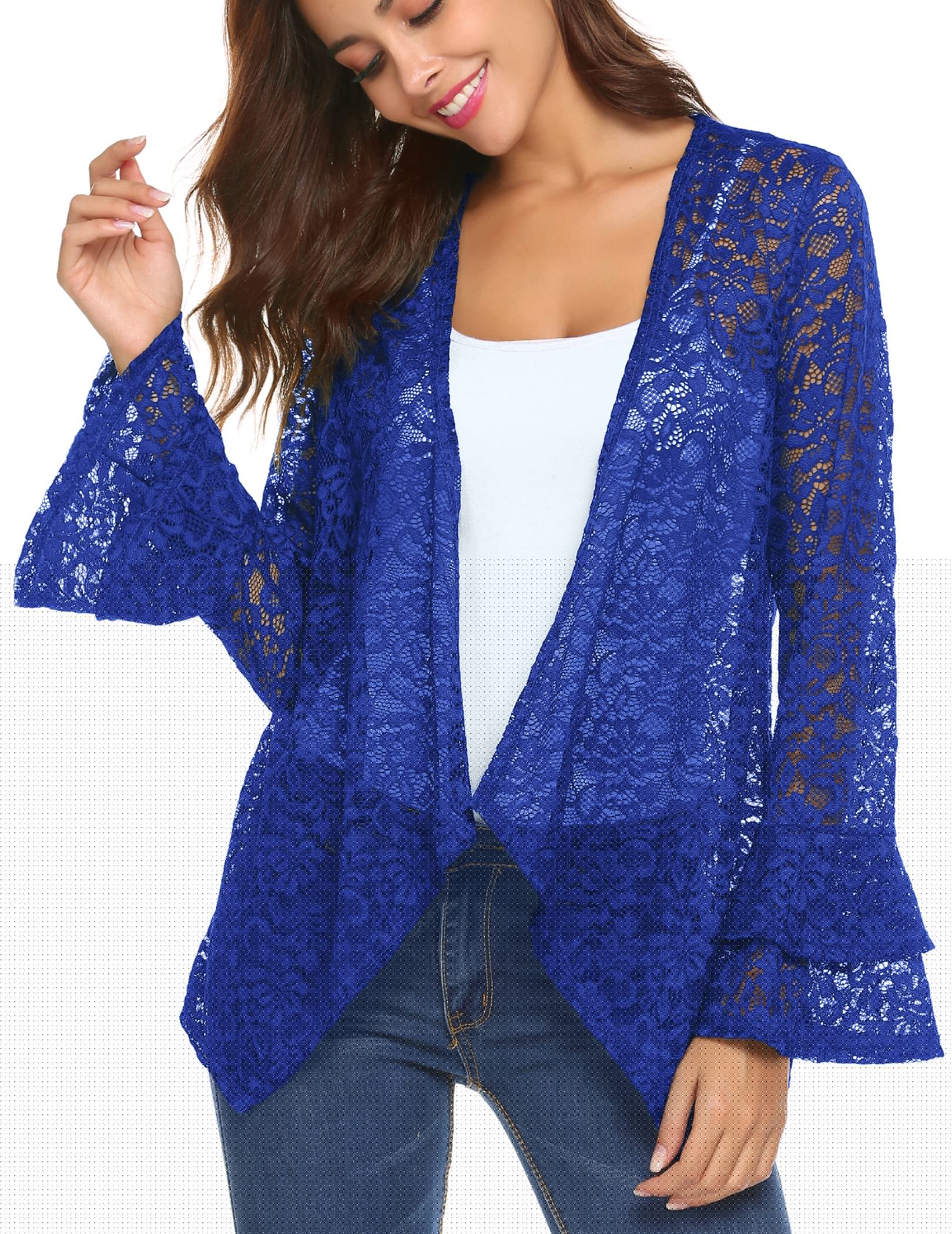 Dealwell Women's Bell Sleeve Open Front Cardigan - Lace Crochet Loose Casual Cover Up Sweater for Spring & Fall | Perfect for Office, Date Night & Weekend Outfits