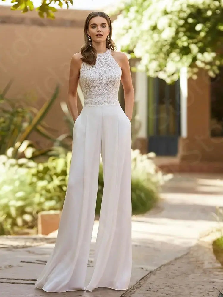 Elegant Spring Lace Jumpsuit Wedding Dress - Sleeveless Bridal Pantsuit for Outdoor Ceremonies & Garden Weddings