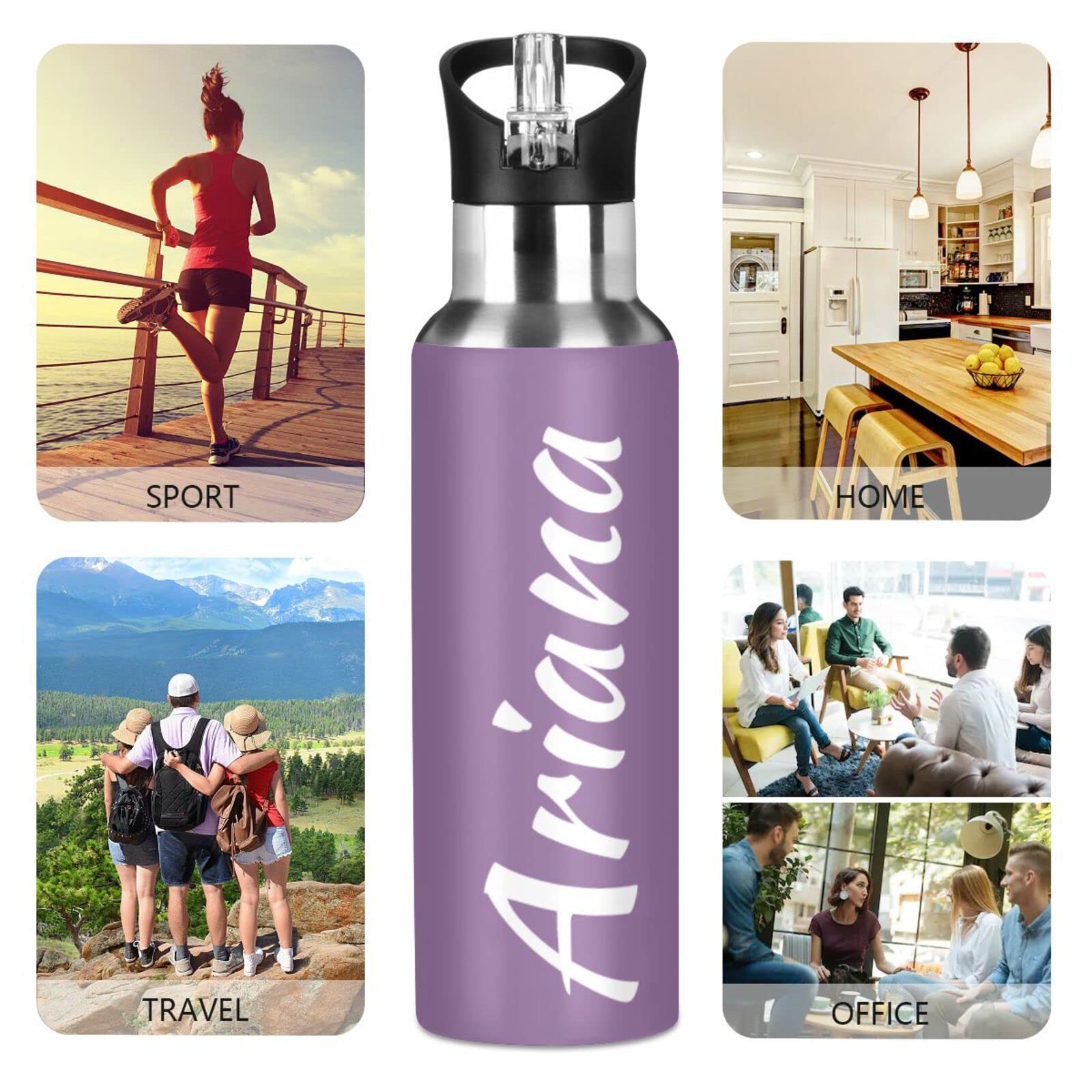 Custom 20oz Insulated Sports Water Bottle with Straw Lid - Personalized Purple Reusable Water Bottle for Kids, Boys & Girls - Perfect for School, Gym, Hiking & Outdoor Activities