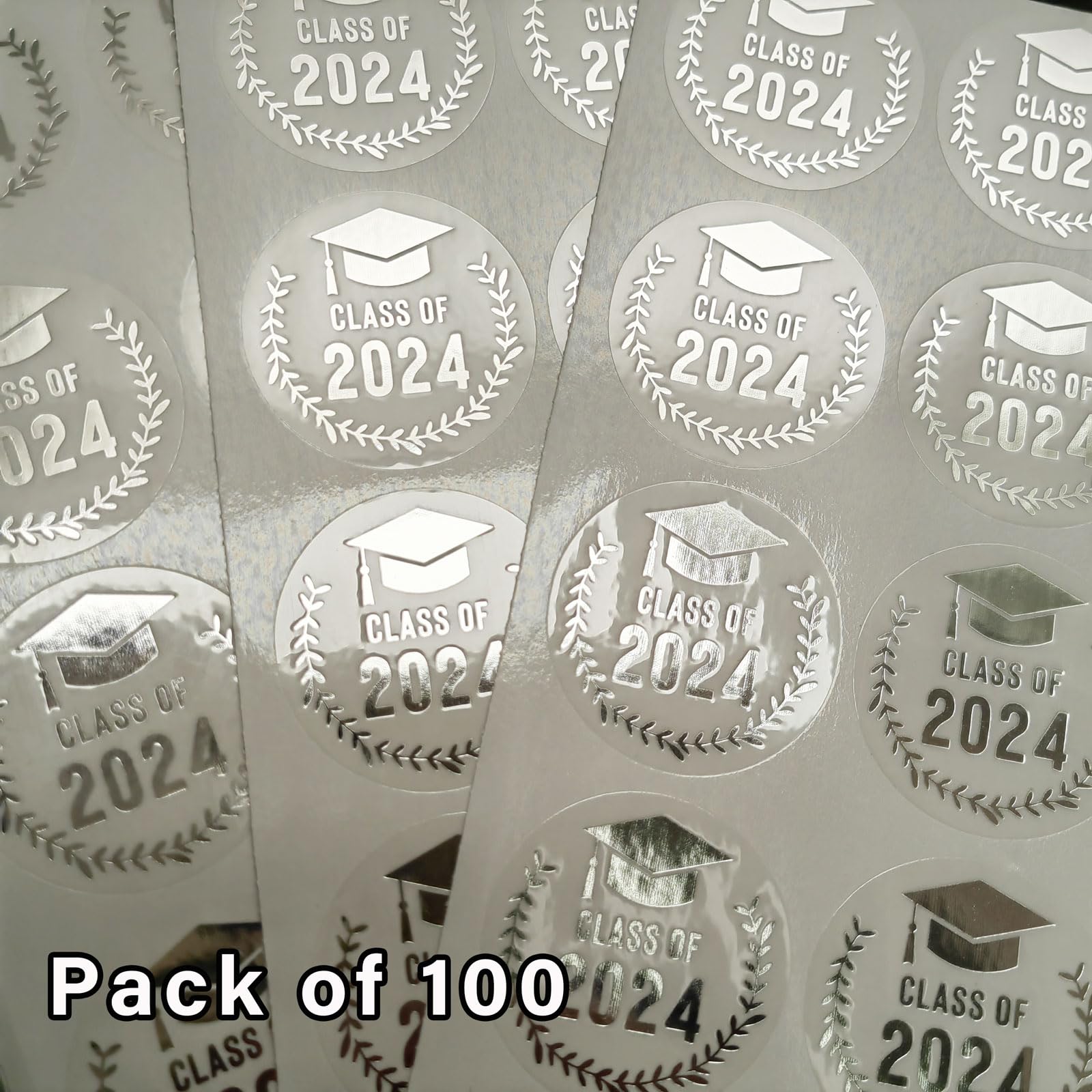 100 Pack Class of 2024 Graduation Stickers - Silver Foil Metallic Seal Congratulations Graduates Labels for Diploma, Invitations & Party Decorations - Perfect for Graduation Gifts, Scrapbooking & School Celebrations