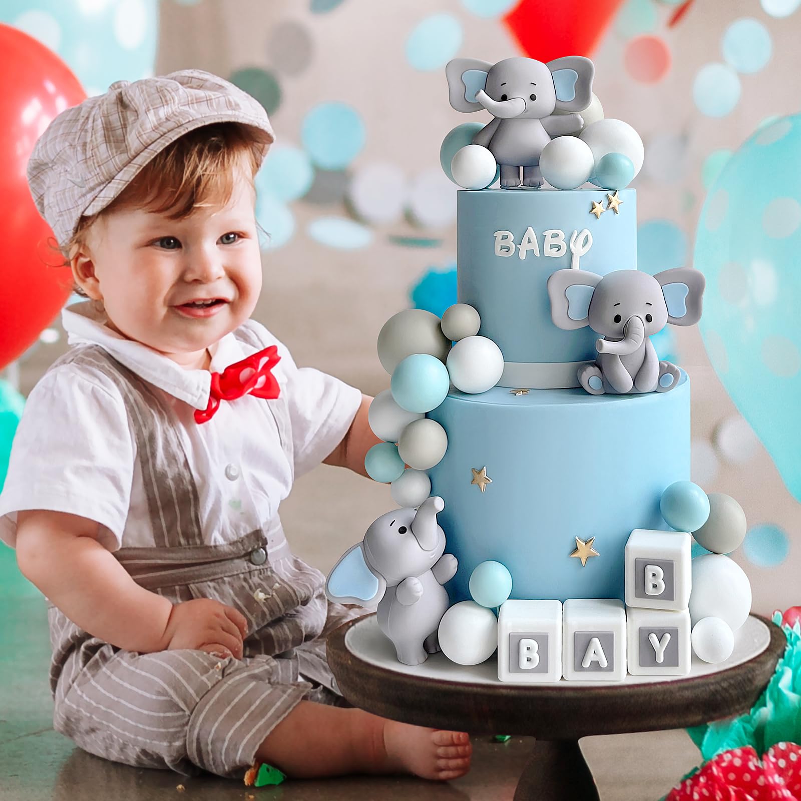 28 Pcs Elephant Cake Toppers - Blue Cake Decorations for DIY Baby Shower, Birthday Party, Boy or Girl - Perfect for Wedding, Anniversary, and Celebration Cakes