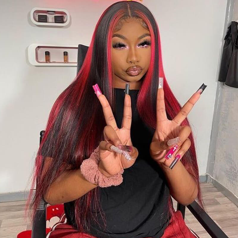Eullair Red Blue Green Balayage Highlight Straight Lace Frontal Wig for Women - Peekaboo Highlights Human Hair Wig for Daily Wear & Cosplay