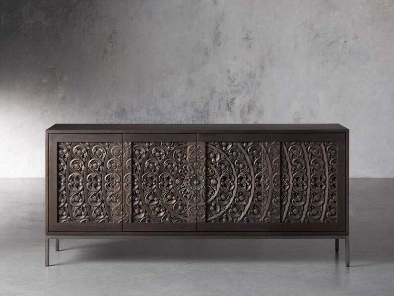 Hand Carved Mandala Media Unit - Solid Wood TV Stand with Storage | Modern Wooden Credenza for Living Room | Perfect for Home Theater & Entertainment Center