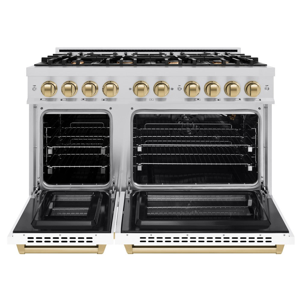 ZLINE Autograph Edition 48-Inch 6.7 cu. ft. Select Double Oven Gas Range with 8 Burner Cooktop - Stainless Steel with White Matte Doors & Champagne Bronze Accents (HGRZ WM 48 CB) - Perfect for Large Kitchens & Professional Cooking
