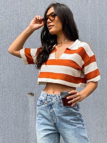 Lovevop Contrast Color Striped Knitted V-Neck T-Shirt for Women - Soft Casual Tee for Everyday Wear, Outings & Layering