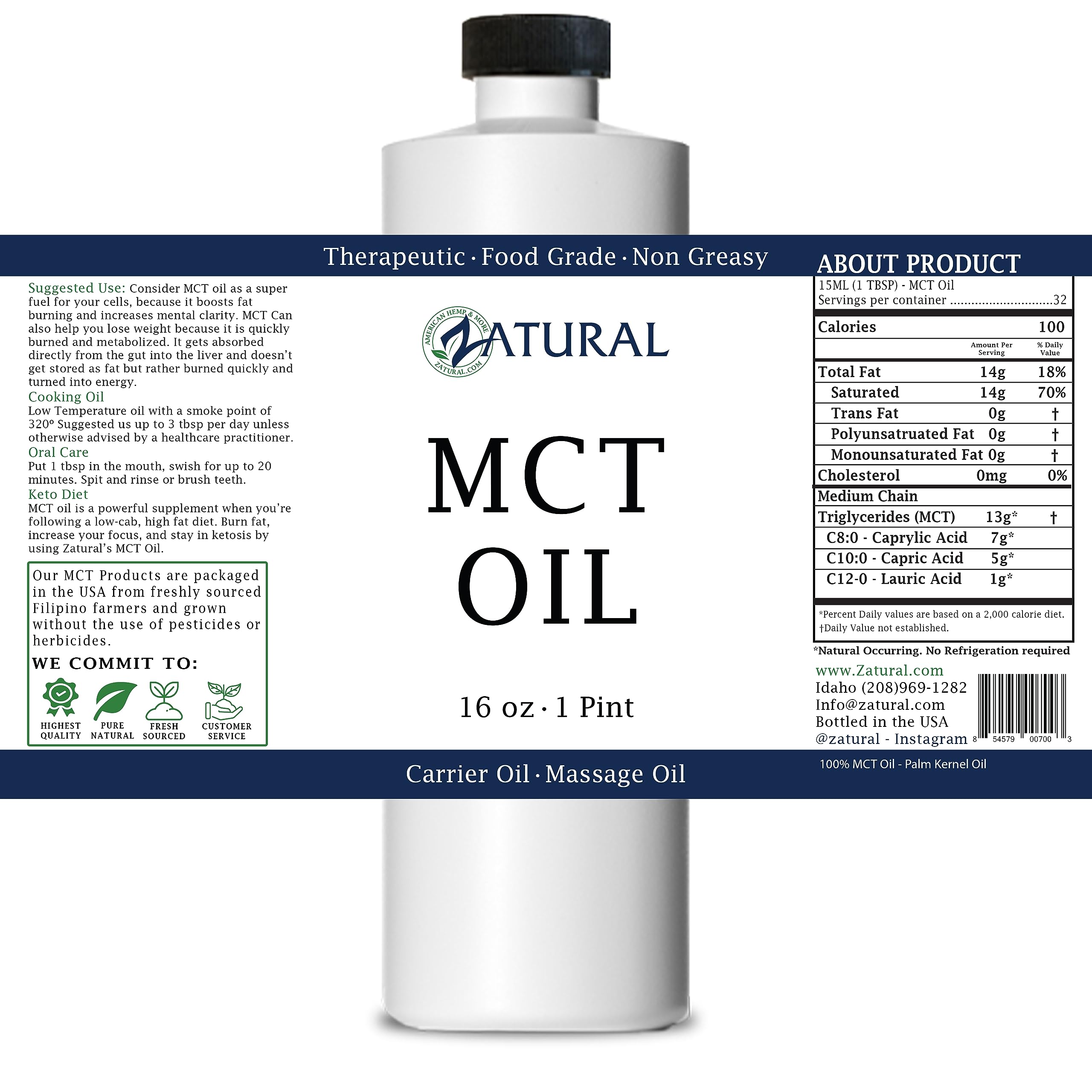 Pure MCT Oil 16oz - Premium Carrier Oil for Massage, Hair Care & Skin Hydration | Food & Therapeutic Grade Coconut Oil | Perfect for Keto Cooking, Aromatherapy & Natural Beauty Routines