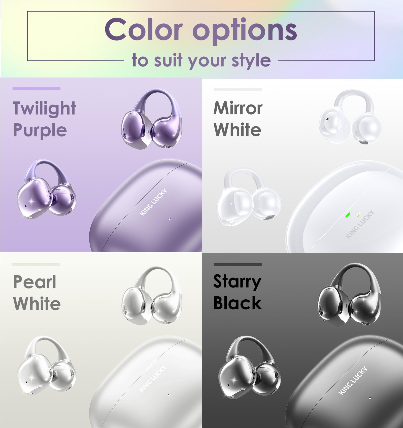 King Lucky Clip-On Open Ear Wireless Bluetooth 5.4 Headphones with Mic - 50H Playtime, Noise Cancelling, IPX5 Waterproof, Secure Fit for Small Ears & Glasses Wearers - Ideal for Running, Workouts, Gym & Outdoor Sports (Purple)