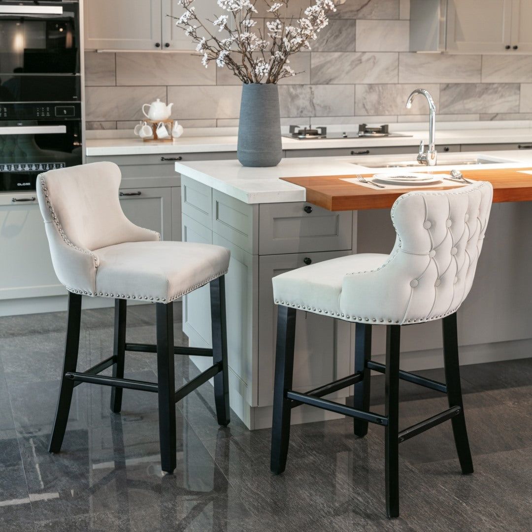 Velvet Upholstered Button Tufted Bar Stools with Wood Legs and Studs - Set of 4 Beige Counter Height Stools for Kitchen Island, Breakfast Bar & Home Decor