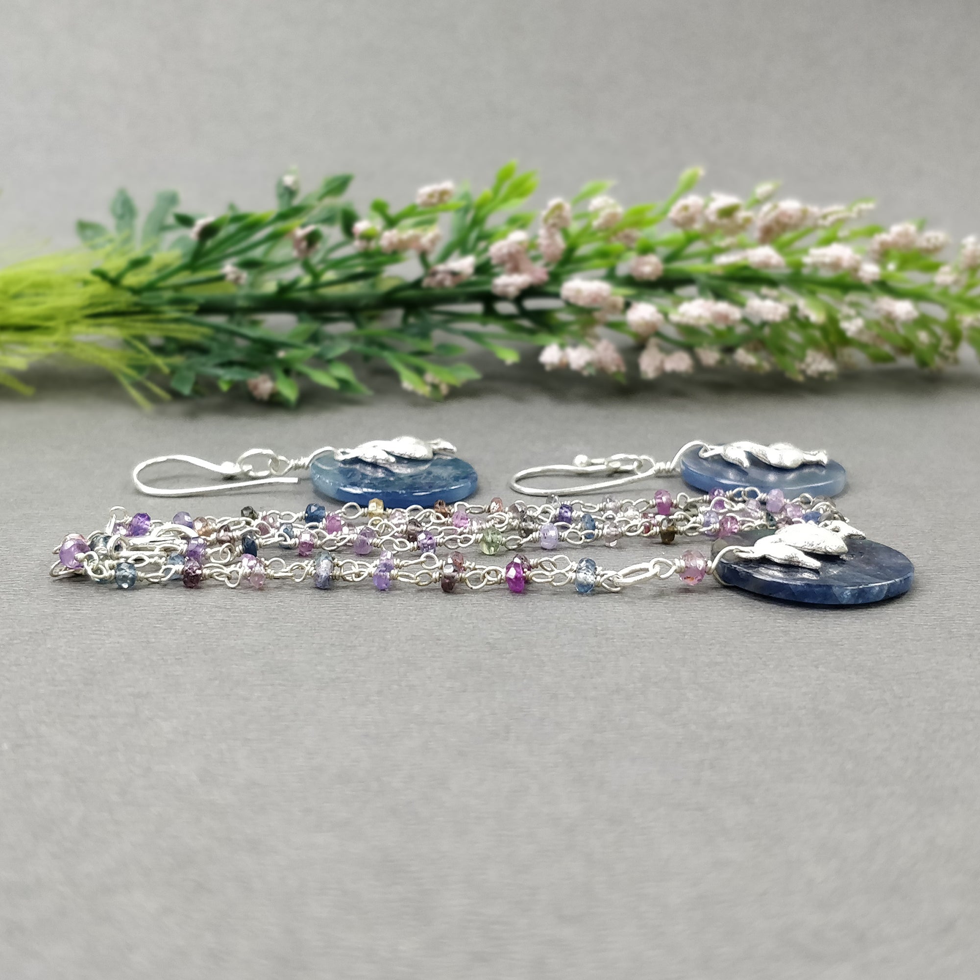925 Sterling Silver Blue Sapphire Jewelry Set - Natural Untreated 1.85ct Beaded Necklace & Dangle Earrings | Perfect for Weddings, Anniversaries & Special Occasions