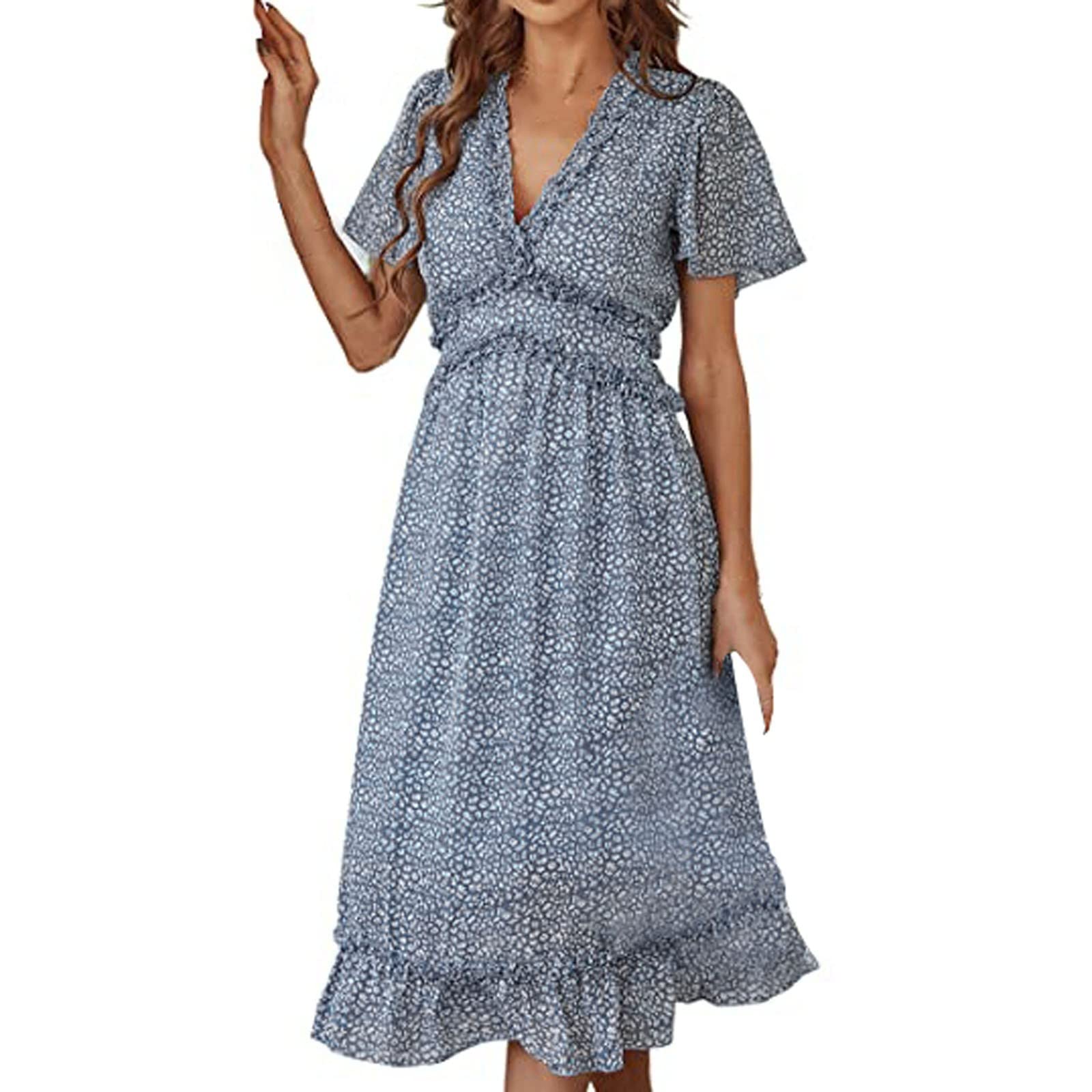 Women's Casual Long Sleeve Boho Dress with Pockets - Solid Deep Blue Floral Summer Dress for Beach, Vacation & Everyday Wear