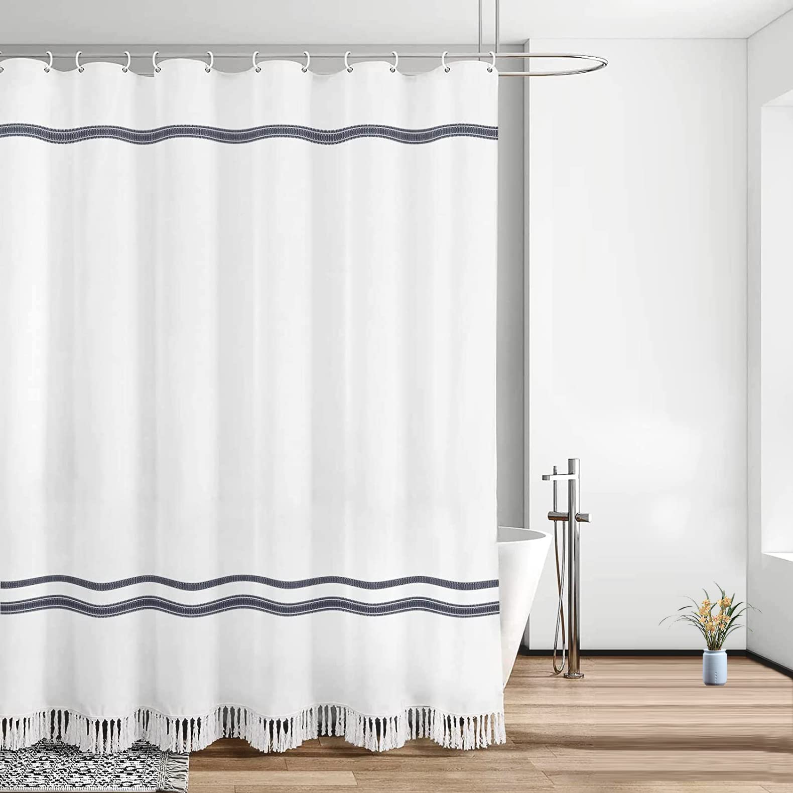 Niidder White Tassel Shower Curtain with 12 Hooks - Waterproof Bathroom Shower Curtain Liner (72x72 inches) - Hotel Quality Washable Fabric for Bath, Spa & Guest Room Decor