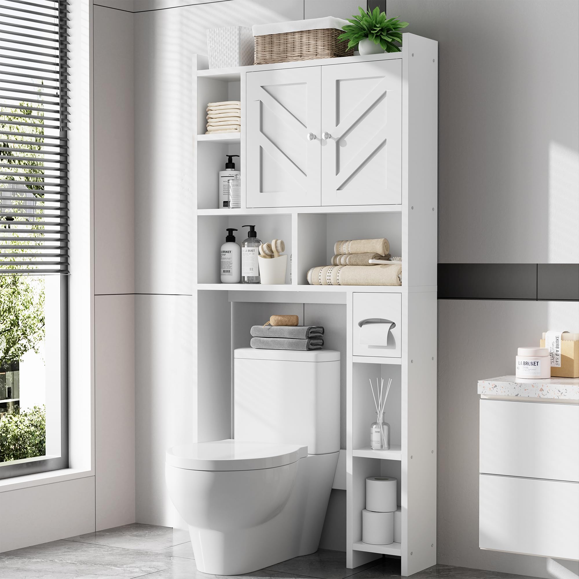 Meilocar Over The Toilet Storage Cabinet - Freestanding Farmhouse Bathroom Organizer with Adjustable Shelf & Toilet Paper Holder, White | Space-Saving Storage for Small Bathrooms, Apartments & Powder Rooms