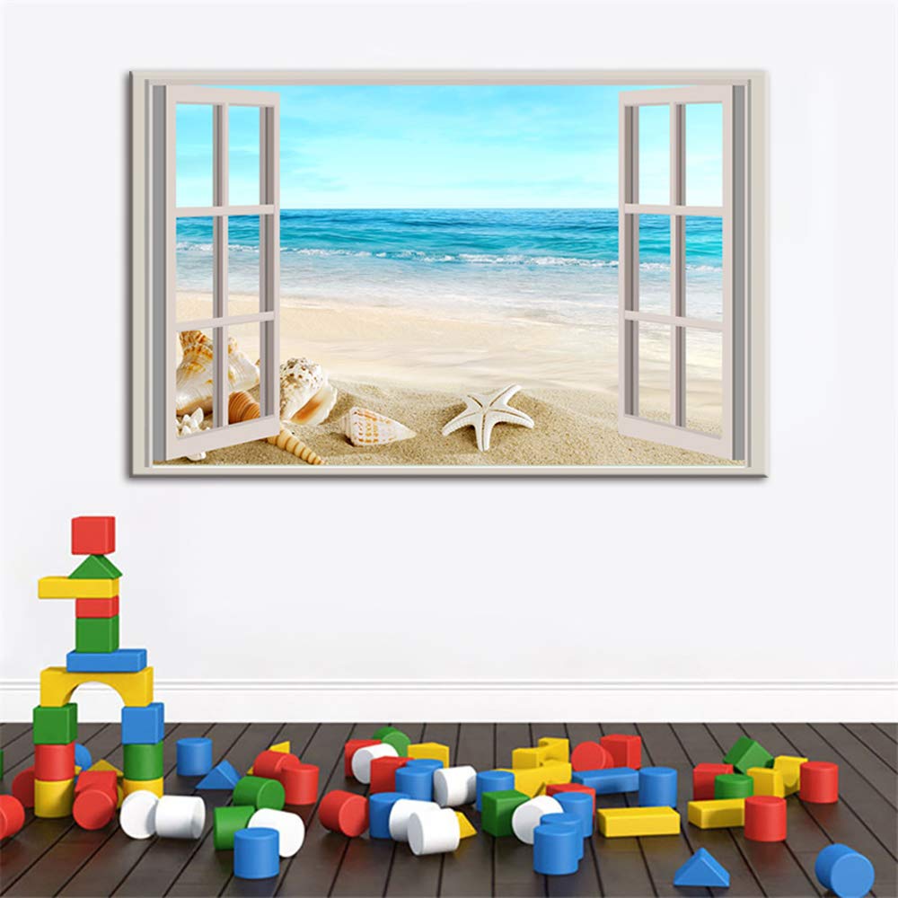 Premium Canvas Wall Art - Framed Seashell Seascape Giclee Painting for Living Room Decor | Coastal Beach Theme Home Wall Decorations | Perfect for Beach House, Bedroom & Office Wall Art