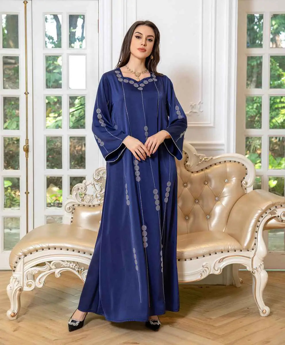 Elegant Hotfix Rhinestone Satin Eid Dress - Women's Jalabiya Caftan Kaftan for Special Occasions, Weddings & Festivals