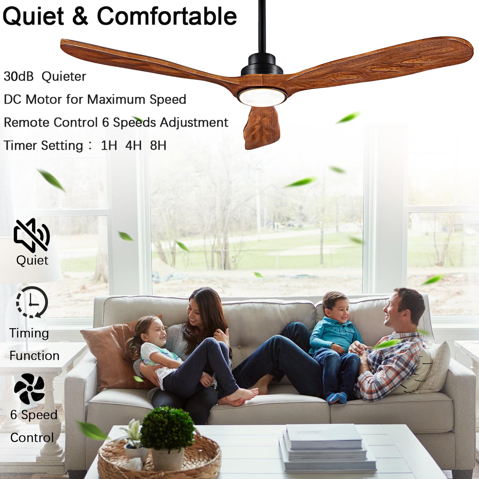 60 Inch Wood Ceiling Fan with Lights and Remote Control - Quiet Reversible DC Motor, 3 Blades & 3 Downrods - Farmhouse, Patio, Living Room, Bedroom, Office - Indoor/Outdoor Use (Black + Walnut) - Perfect for Cooling and Lighting Your Home All Year Round