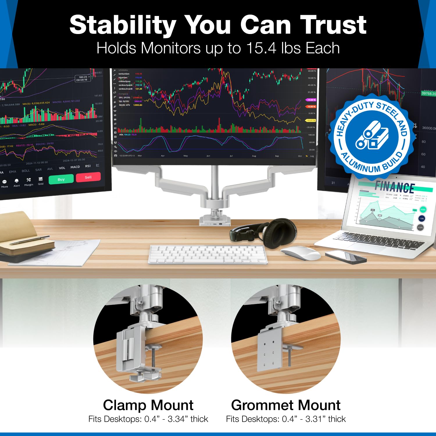 Mount-It! Triple Monitor Stand with USB & Audio Ports - Adjustable 3 Monitor Desk Mount for 24