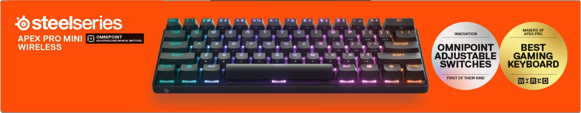 SteelSeries Apex Pro Mini Wireless HyperMagnetic Gaming Keyboard - World's Fastest 60% Compact Mechanical Keyboard with Adjustable Actuation, RGB Backlighting, Bluetooth & 2.4GHz Wireless, USB-C - AZERTY Layout - Perfect for Esports, Streaming & Office Work