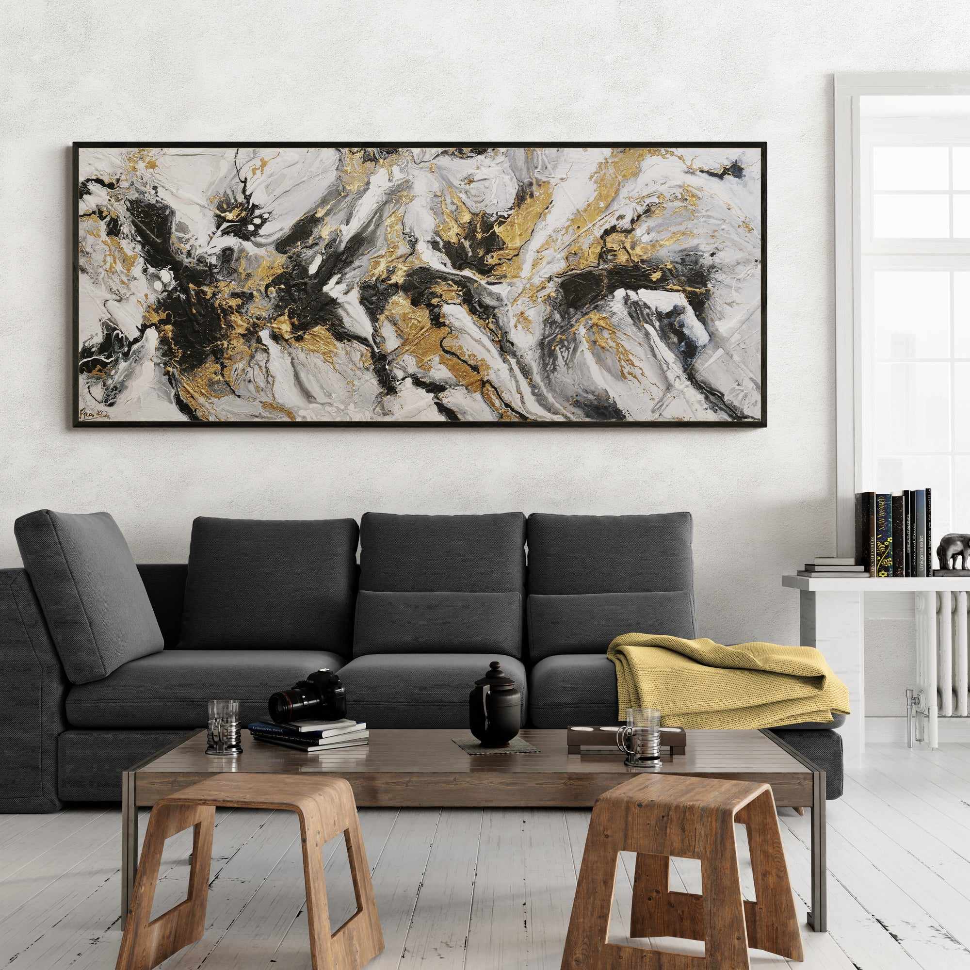 Golden Currency 200cm x 80cm Black White Gold Textured Abstract Canvas Wall Art - Modern Home Decor for Living Room, Bedroom & Office