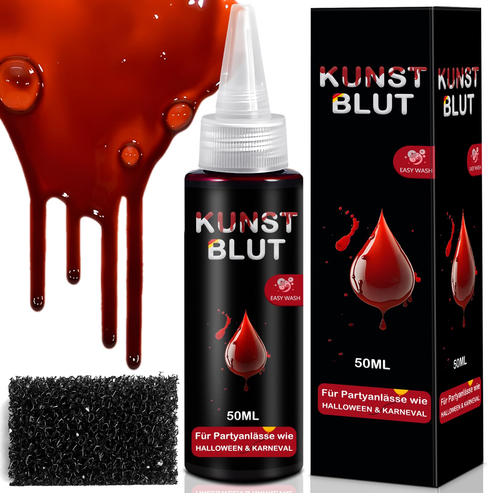 SEO-FANALLY Fake Blood Halloween Makeup Kit - 50ml Bottle + 1 Sponge, Safe Non-Toxic & Washable, Realistic Effects for Halloween, Zombie, Vampire, Cosplay, Theater Clown Makeup - Perfect for Costume Parties, Haunted Houses & Horror Movie Effects