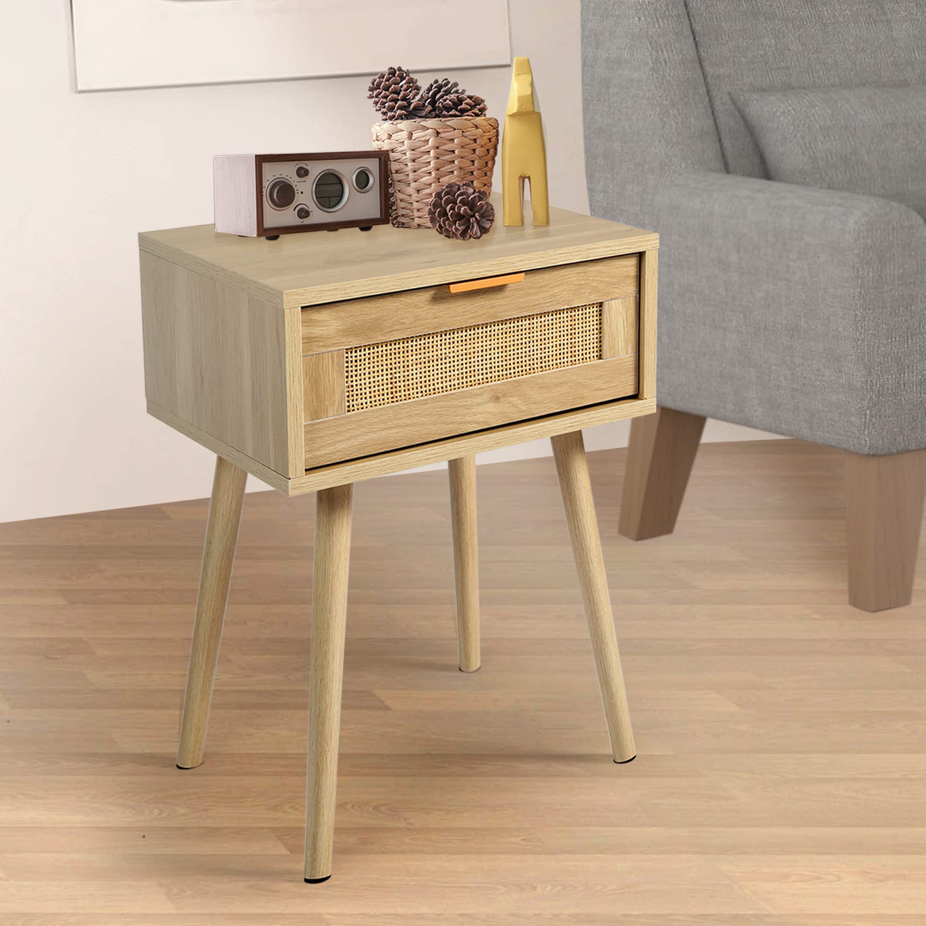 HOPUBUY 2-Pack Modern Nightstands with Rattan Drawer, Wooden Bedside Table for Small Spaces & Bedrooms - Brown (1 Drawer Each) - Perfect for Bedroom, Living Room & Dorm Organization