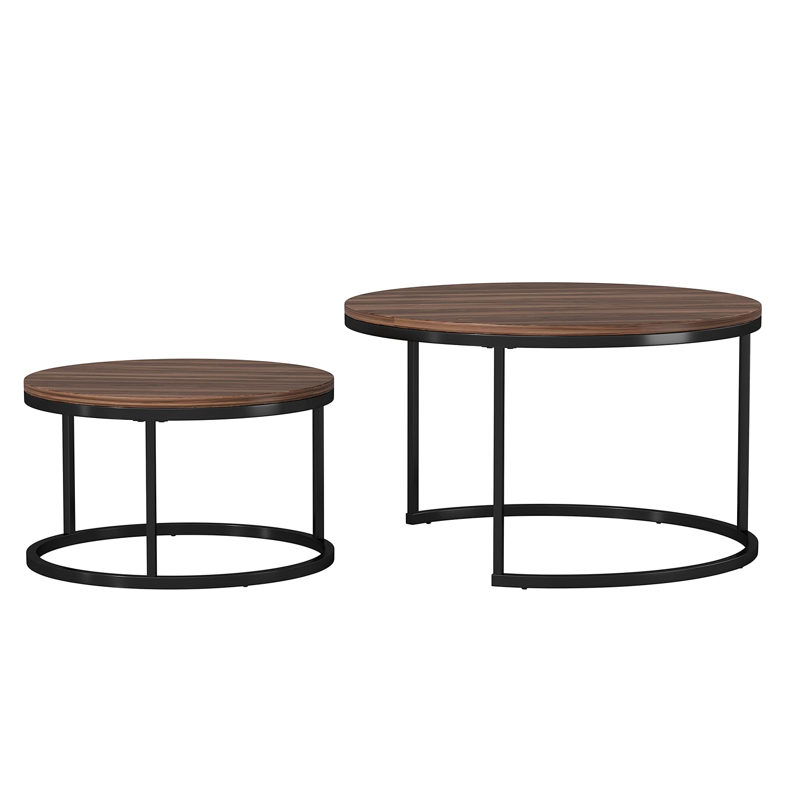 Round Nesting Coffee Table Set of 2 - Walnut Wood Top & Black Metal Frame Accent Tables for Living Room, Bedroom, Balcony - Perfect for Small Spaces, Coffee Time & Home Decor