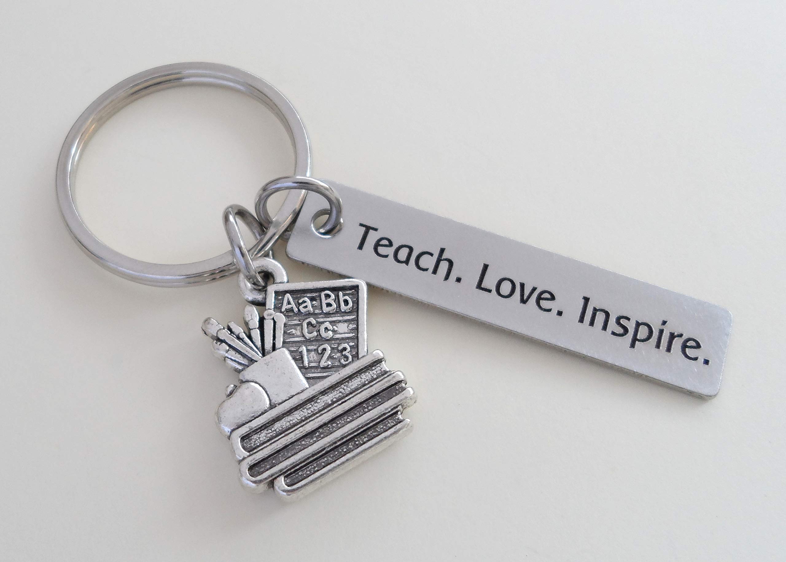 Book Stack & School Supplies Charm Keychain with Teach Love Inspire Engraved Tag - Teacher Appreciation Gift, School Volunteer Gift - Perfect for Teacher's Day, End of Year Gifts, and Classroom Rewards