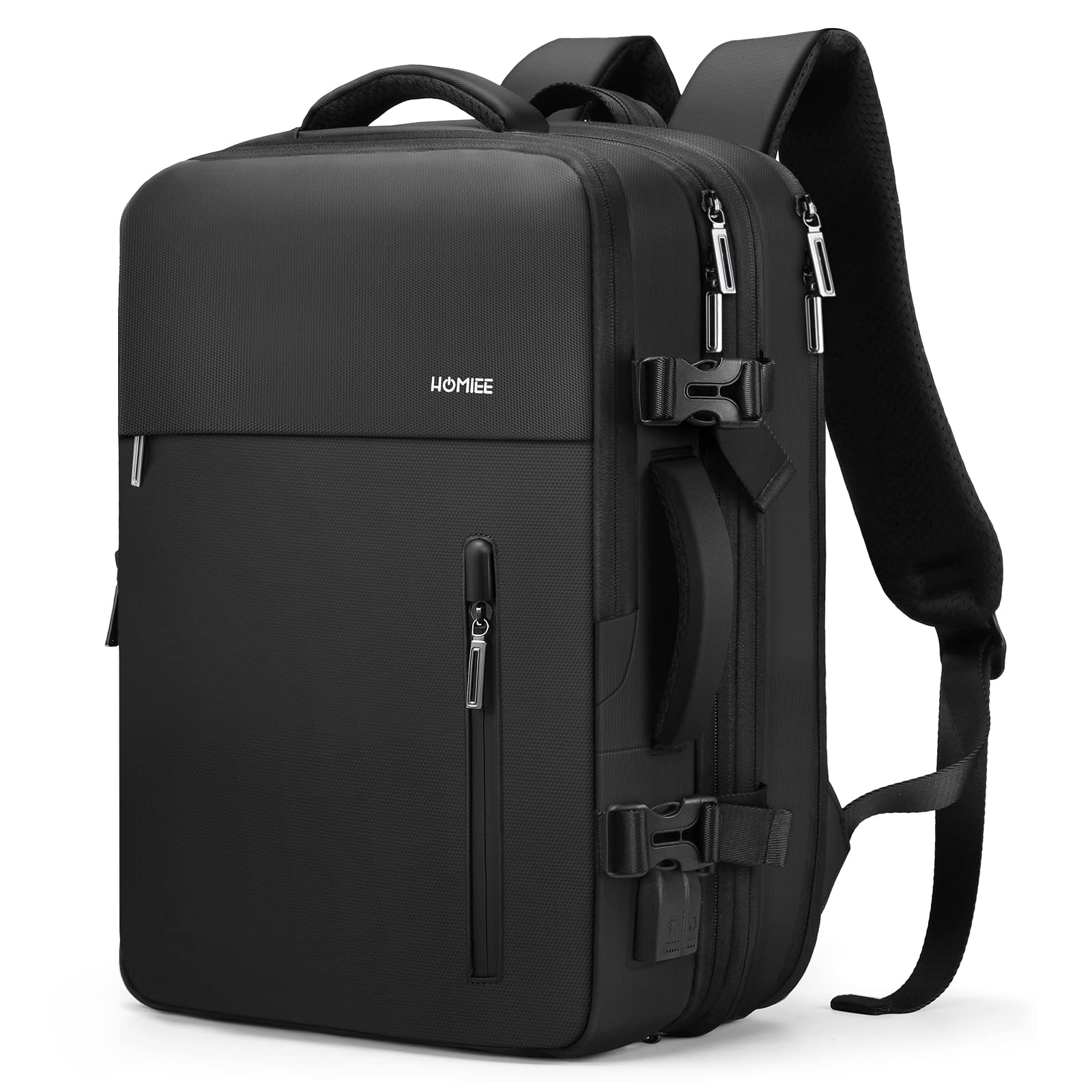 HOMIEE 40L Expandable Waterproof Laptop Backpack for Business Travel - Flight Approved Carry-On Backpack Fits 15.6 Inch Laptop, Large Capacity Anti-Theft Travel Backpack (Black) - Perfect for Business Trips, Commuting & Airplane Travel