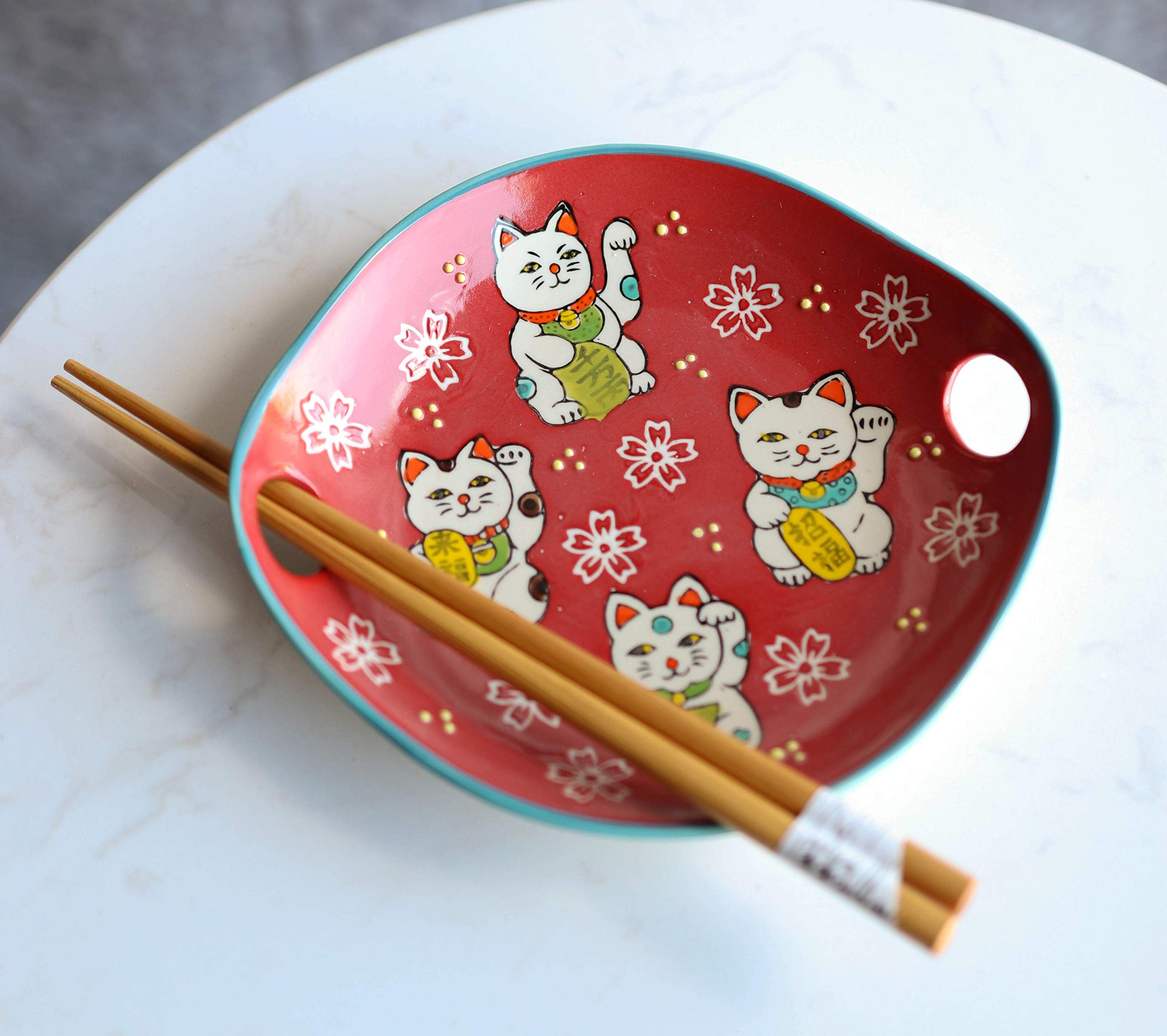 Ebros Red Maneki Neko Lucky Cat Appetizer Plate Set with Chopsticks & Built-in Rest - 2-Piece Japanese Sushi, Ice Cream, Hors D'oeuvres Serving Dish for Parties, Home Decor & Asian-Themed Dining