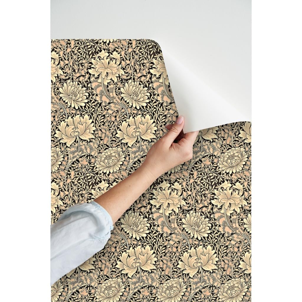Peel & Stick Wallpaper 9ft x 2ft - Wood Brown Floral Beige Daisy Nouveau Chrysanthemum Pattern | Removable Self-Adhesive Wallpaper for Bedroom, Living Room & Nursery Decor | Easy DIY Home Improvement