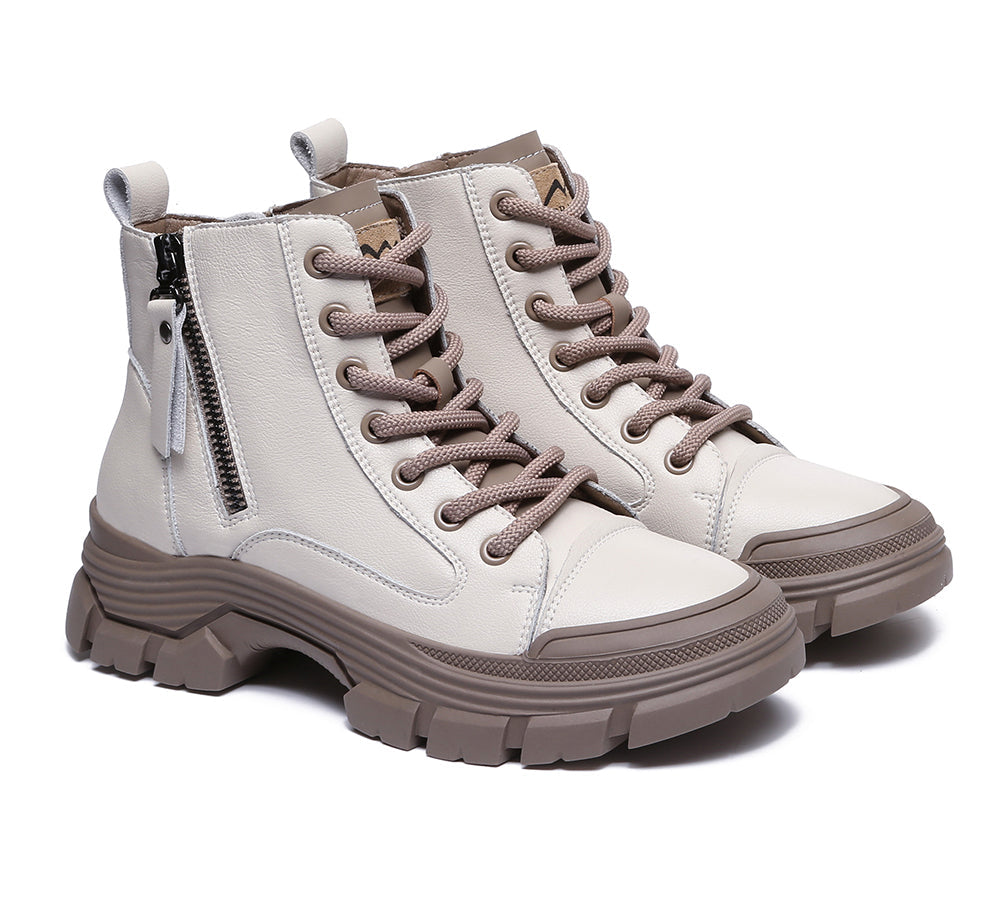 TARRAMARRA® Women's Chunky Leather Boots with Lace-Up & Zipper - Stylish Lorrine Design for Casual Outfits, Fall Fashion & Winter Wear