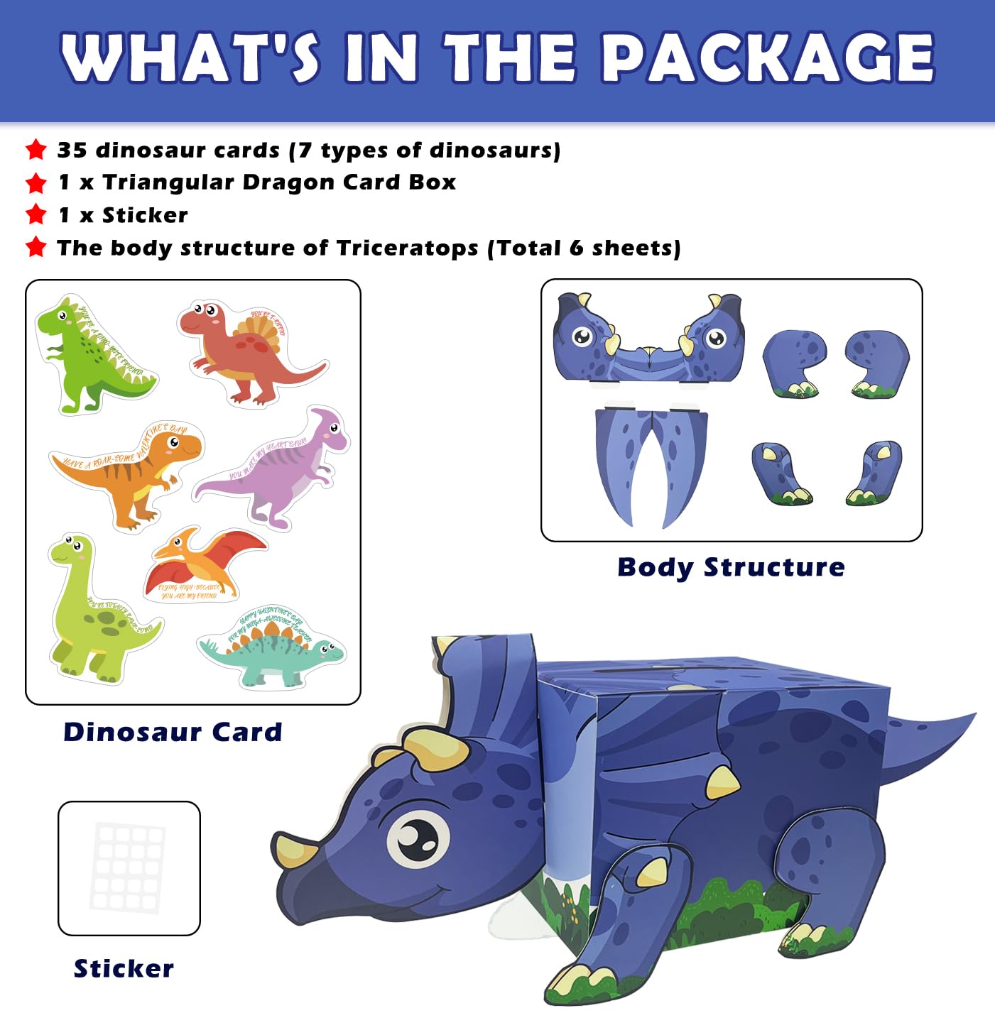 3D Triceratops Valentine's Day Cards & Gift Box Set for Kids - 30 Dinosaur Cards + 5 Teacher Cards - Classroom Party Supplies, School Gift Exchange, Valentine Mailbox - Perfect for Valentine's Day Celebrations & Classroom Activities