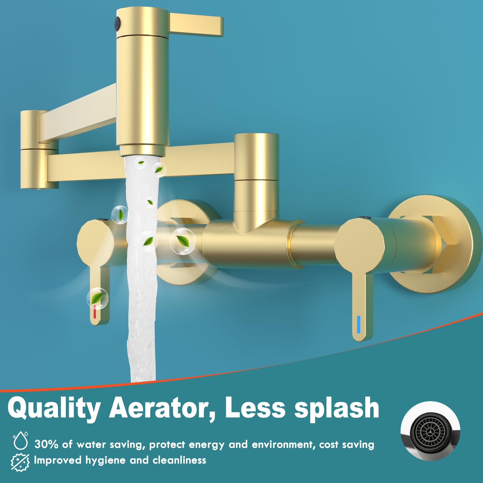 2 Hole Pot Filler Faucet - Hot & Cold Wall Mount Brass Folding Faucet with 3 Handles, 19