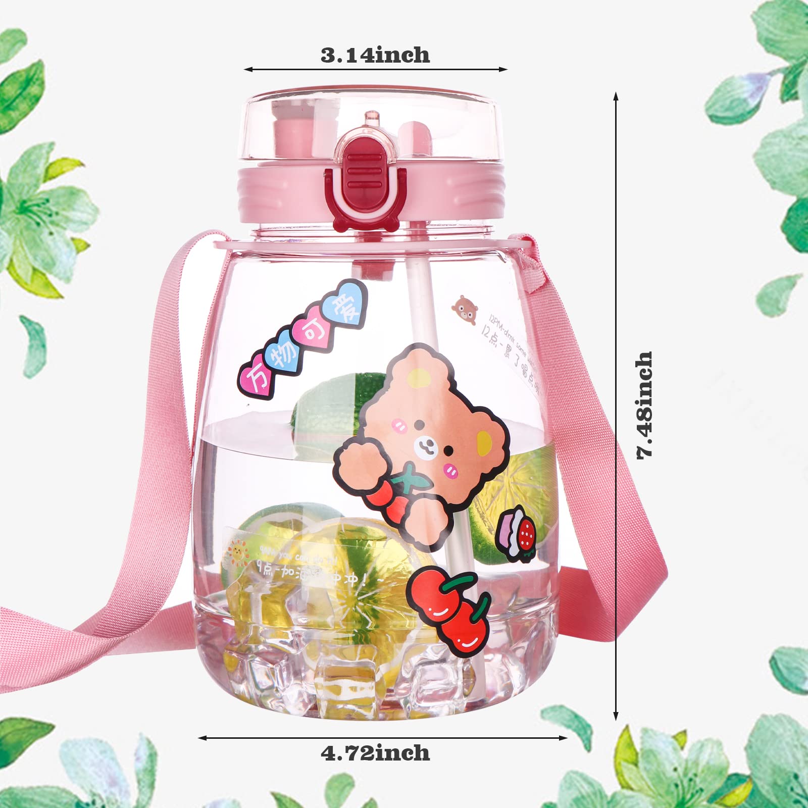 44oz Cute Water Bottle with Straw & Adjustable Strap - Leakproof Kawaii Pot Belly Bottle for Kids & Adults - BPA Free Transparent Juice Jug for School, Gym, Hiking & Outdoor Activities