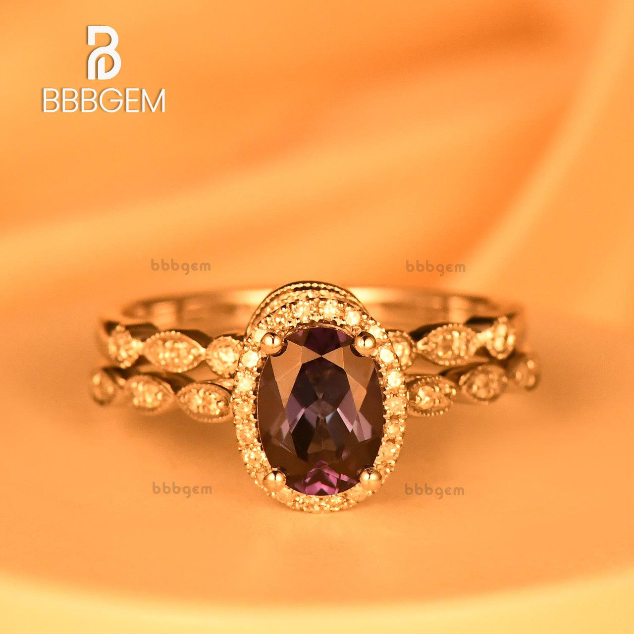 Exquisite Oval Alexandrite Halo Diamond Engagement Ring Set with Matching Curved Diamond Wedding Band | Perfect for Proposals, Anniversaries & Bridal Jewelry | Elegant Gift for Her