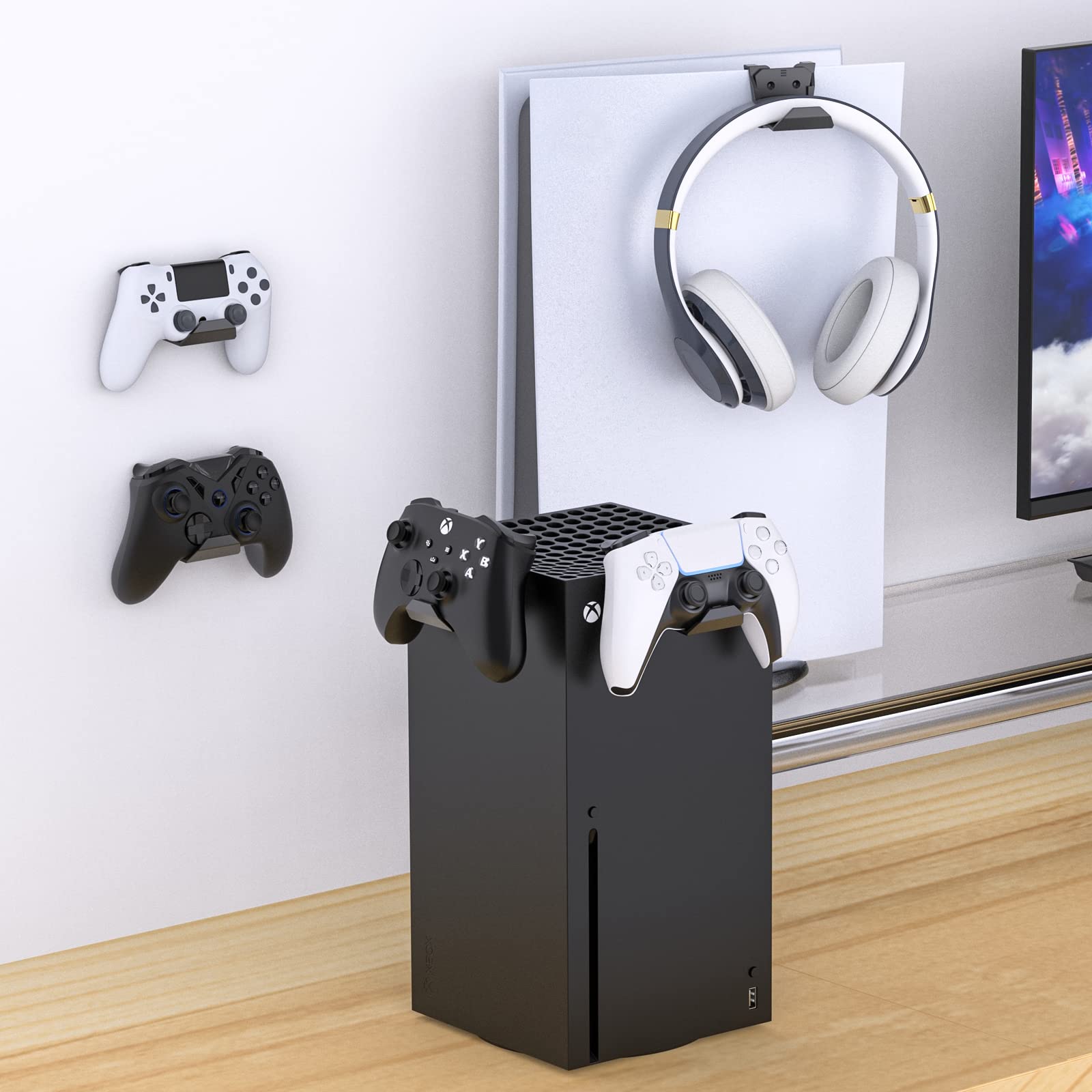 Universal Controller Wall Mount Holder for PS5 Pro/Slim, Nintendo Switch - Strong Adhesive & Screw Mount Headset Hanger Hook - 6 Pack - Perfect for Gaming Room Organization & Headphone Storage