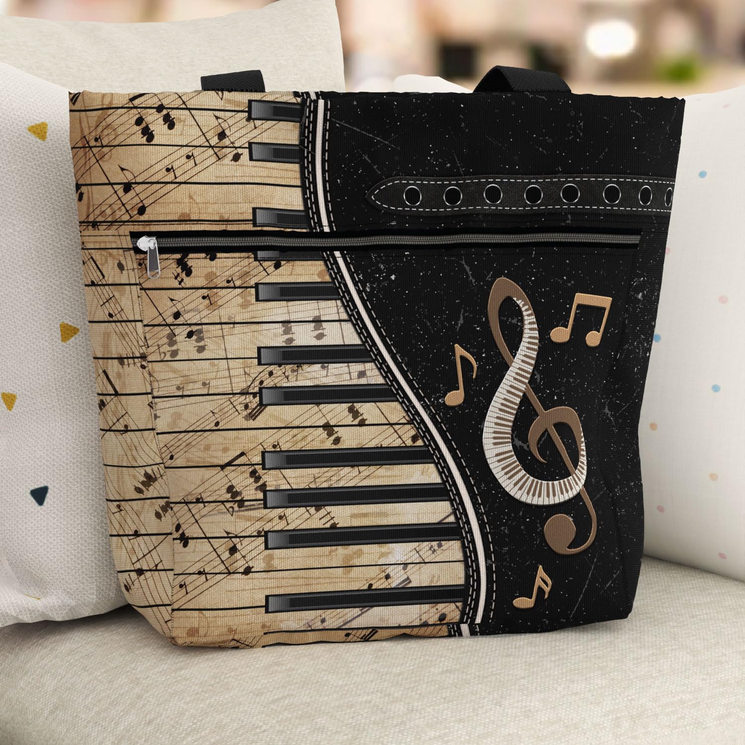 84hoods Women's Large Tote Bag with Pockets & Zipper - Stylish Work Shoulder Bag for Office, Travel & Shopping - Perfect Gift for Piano Players & Music Lovers