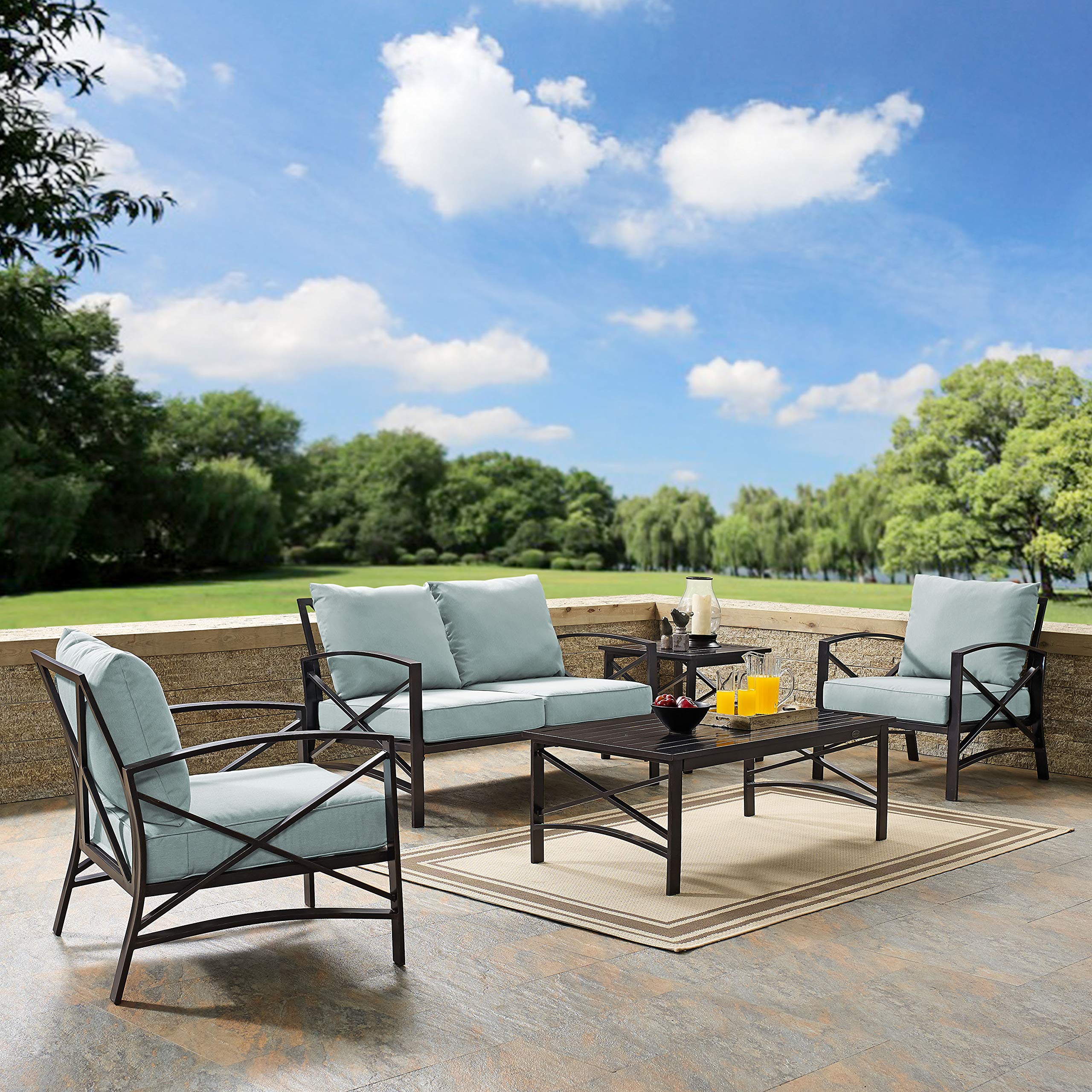 Crosley Kaplan 5-Piece Outdoor Loveseat Patio Set - Oiled Bronze Frame with Mist Cushions, Weather-Resistant Conversation Furniture for Porch, Deck, Backyard & Garden Relaxation