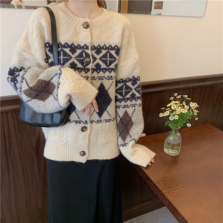 French Crew Neck Sweater for Women - Vintage Loose Knit Cardigan Jacket for Autumn & Winter | Cozy Fall Layering, Casual Office Wear & Holiday Outfits