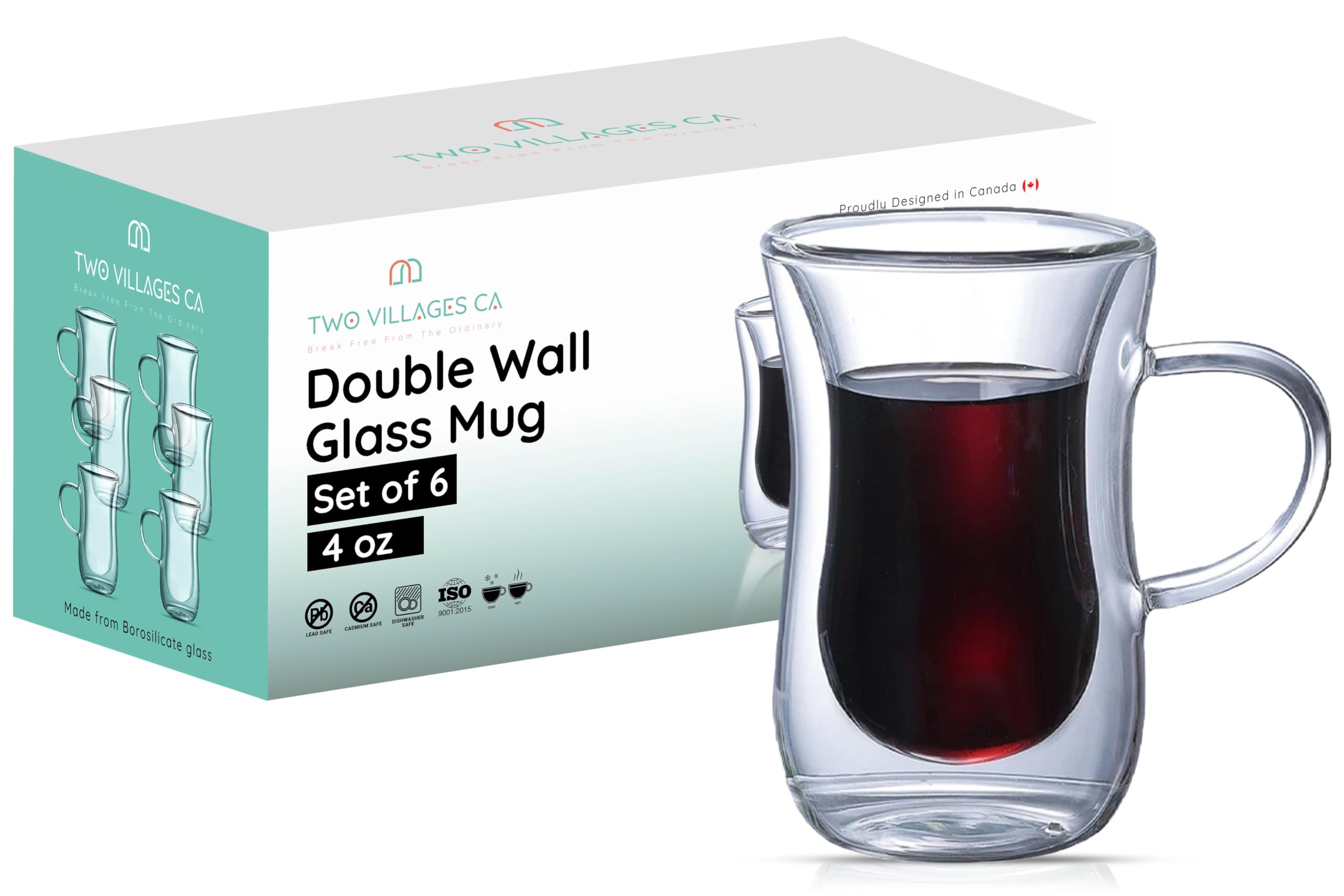 4 Oz Double Wall Borosilicate Insulated Glass Coffee Mug Set of 6 (120ml) - Heat Resistant Tea, Latte & Espresso Cups with Handle - Perfect Gift for Coffee Lovers, Office Use & Home Entertaining