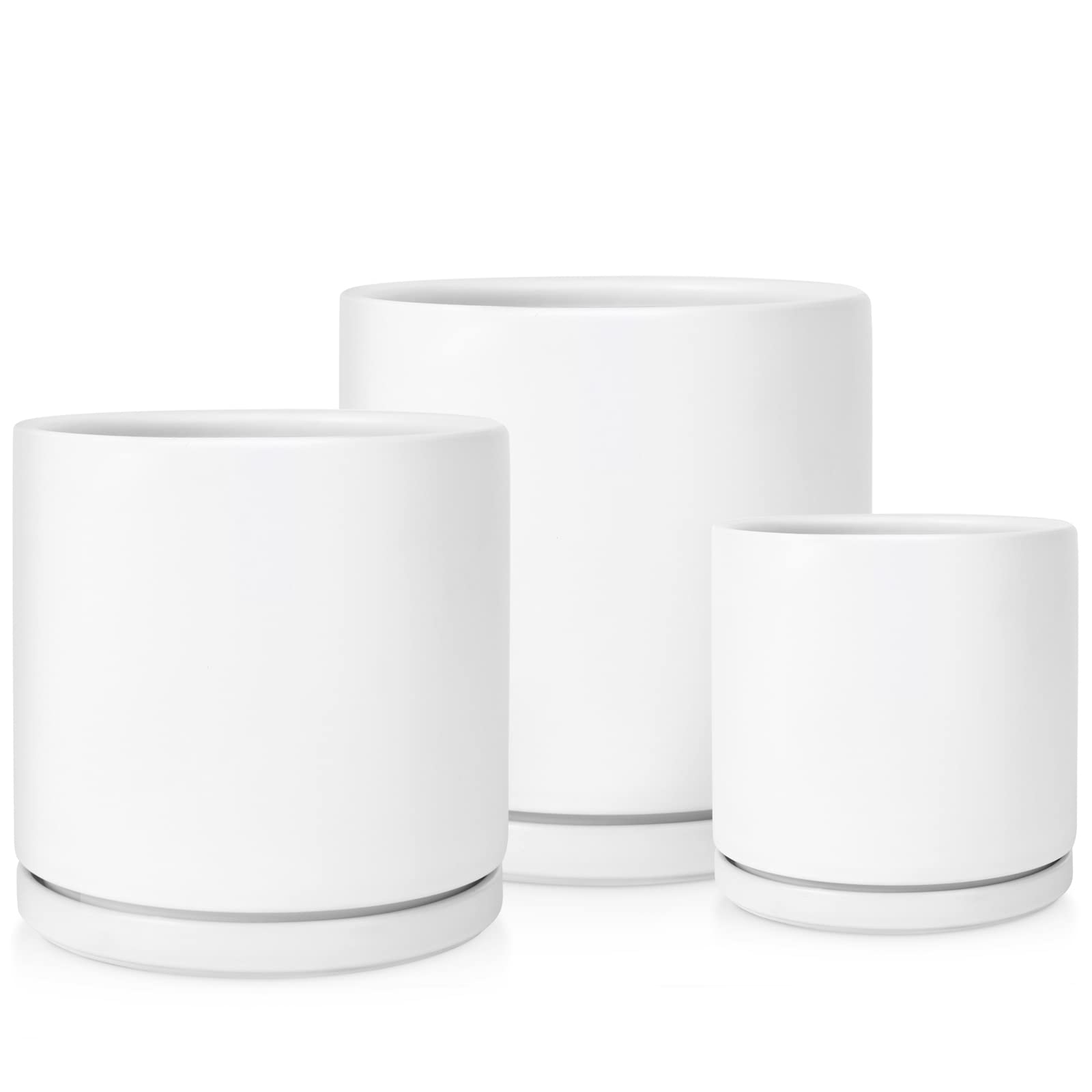 Kazeila 6/8/10 Inch Ceramic Plant Pots Set - Matte White Cylinder Flower Planter with Saucer & Drainage Holes for Indoor Outdoor Plants | Glazed Interior & Exterior | Perfect for Home Decor, Office, Garden, and Balcony