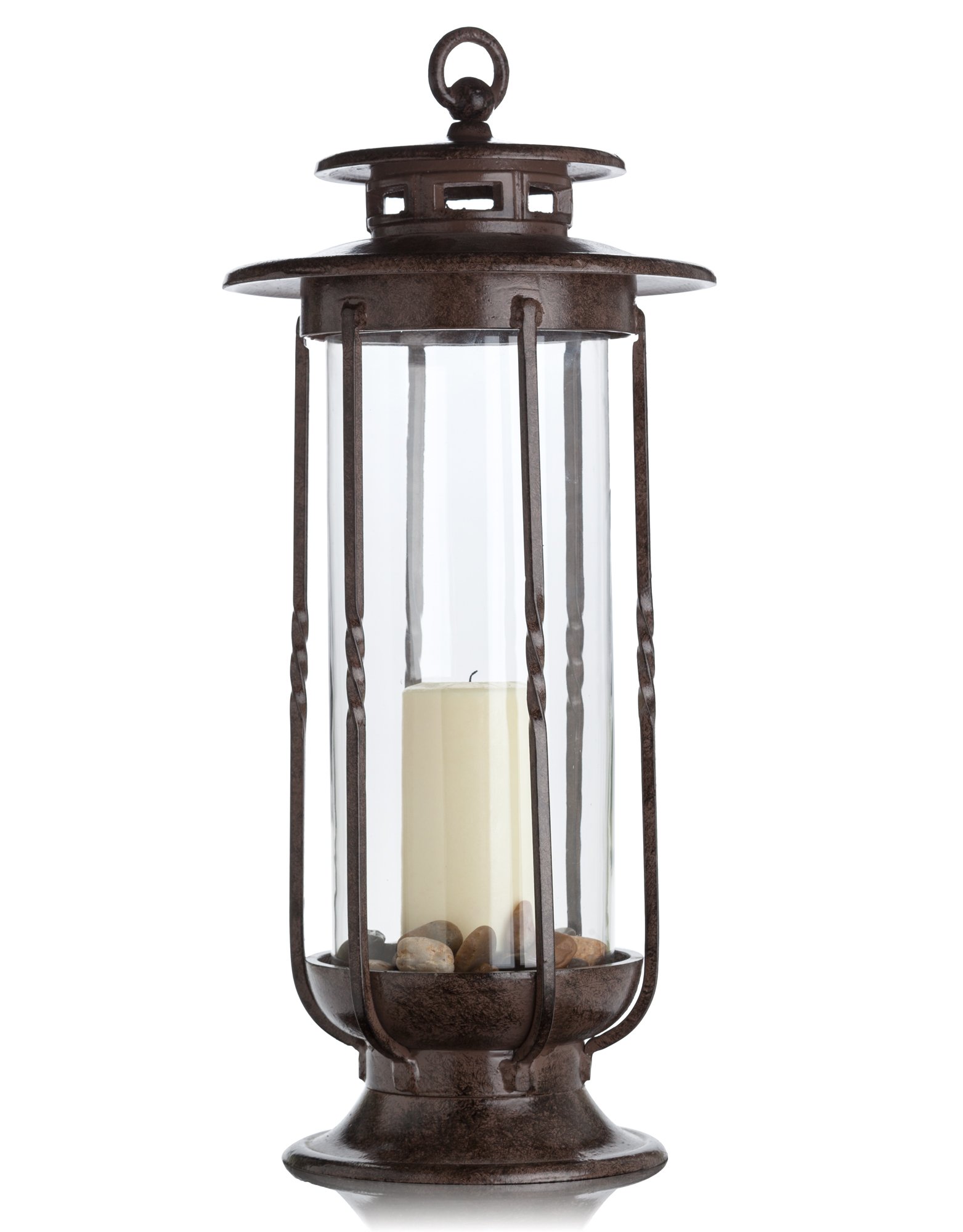 Large Decorative Hurricane Lantern Glass Candle Holder - Rustic Cast Iron Indoor/Outdoor Light with Powder Coat Finish - Perfect for Home, Wedding, Farmhouse Decor & Centerpiece - Ideal for Patio, Garden, Tabletop and Fireplace Decorations