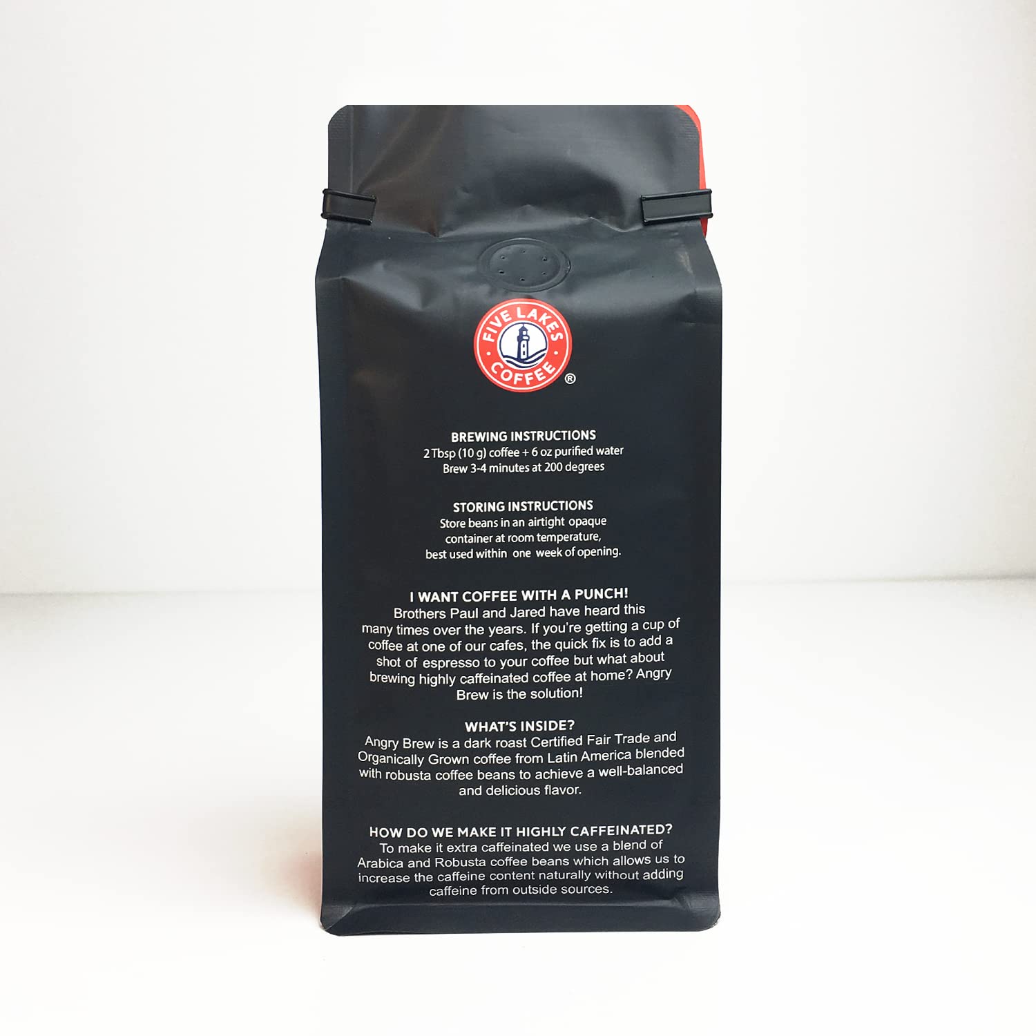 Five Lakes Coffee - Angry Brew Dark Roast Ground Coffee - High Caffeine Premium Coffee Beans for Energy Boost - Perfect for Morning Wakeup, Office Work & Late Night Study Sessions