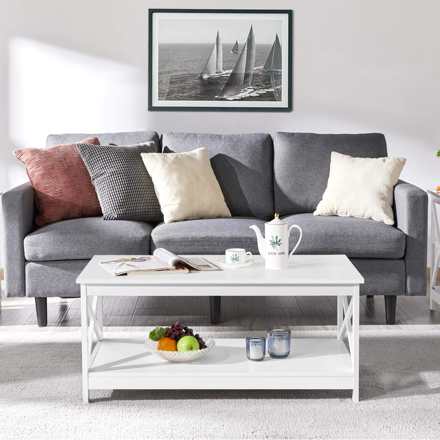 Modern X Design White Coffee Table - 2-Tier Wooden Cocktail Table with Storage Shelf for Living Room, Lounge & Office Use - Stylish Center Table for Home Decor & Small Space Furniture
