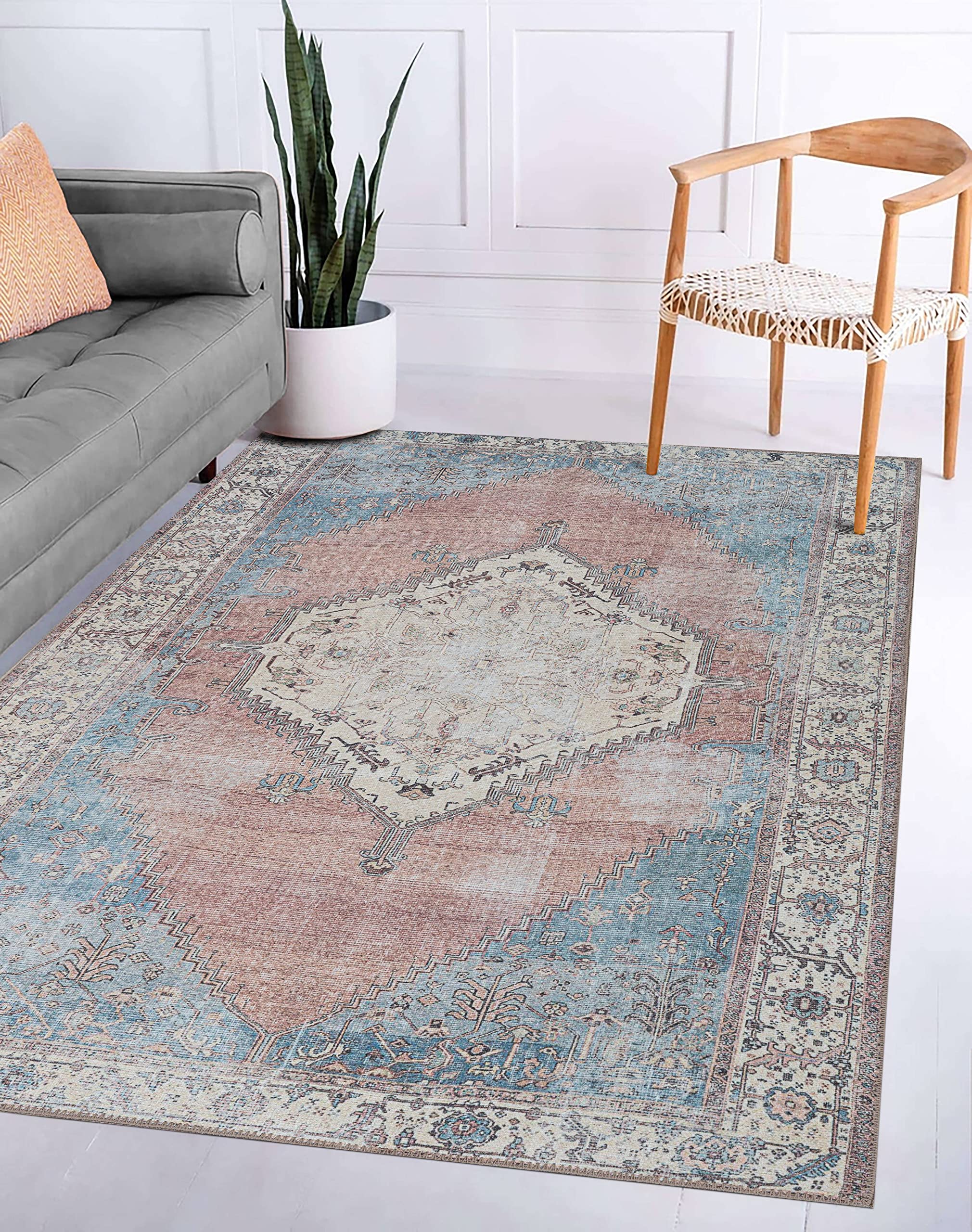 Machine Washable Area Rug - Adiva Rugs Vintage Persian Print Carpet for Living Room, Bedroom, Bathroom & Kitchen - Soft Floor Mat Home Decor (7'10