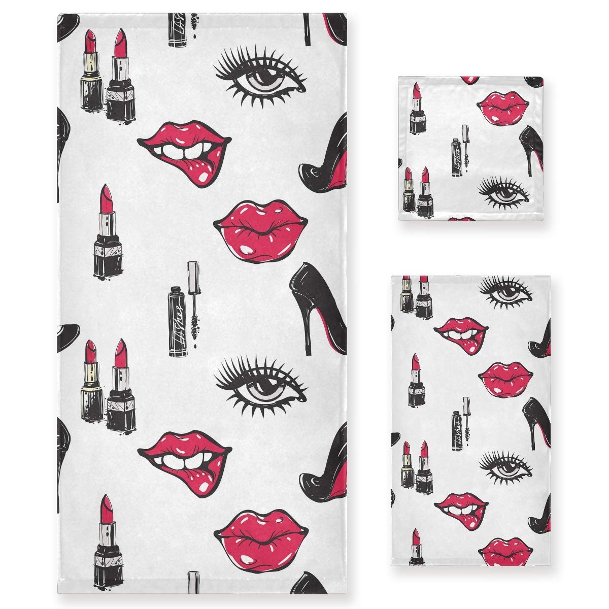 Red Lip & High Heel Mascara Set | 3-Piece Luxury Bath Towel Collection (Bath, Hand & Face Towels) | Ultra Soft & Absorbent | Perfect for Spa, Hotel, Beach & Gym Use