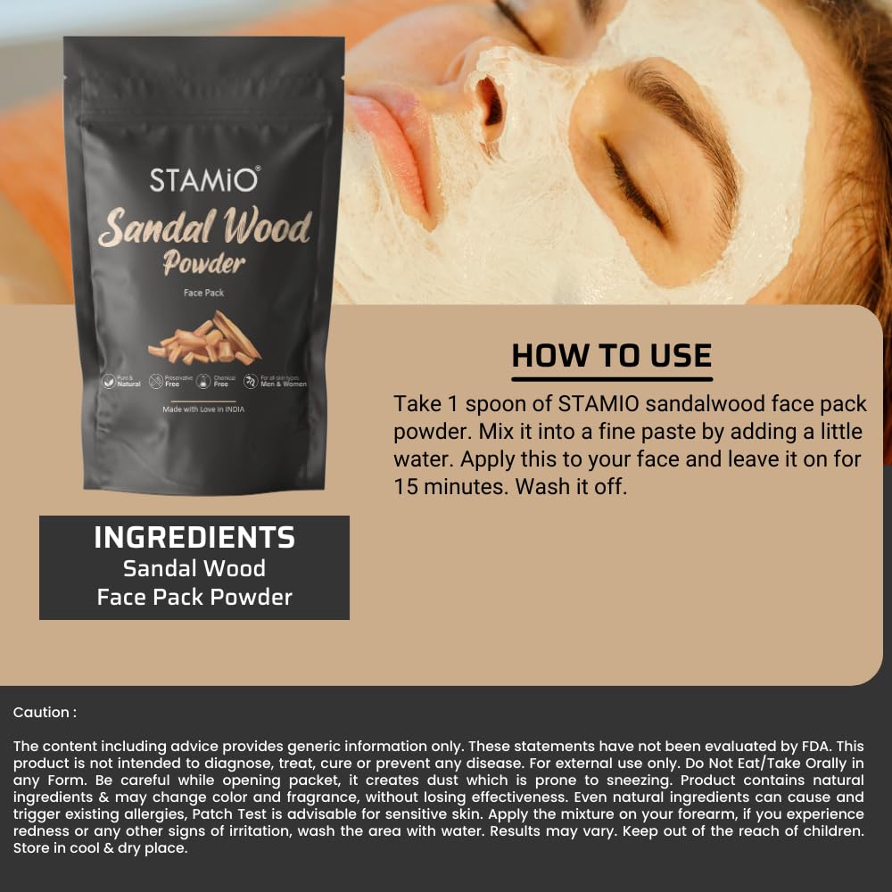 STAMIO Sandalwood Face Pack Powder 250gm for Sun Tan Removal, Glowing Skin, Acne Treatment & Dark Spot Reduction | Natural Santalum Album Chandan Mask for Face & Body | 8.82oz Pouch | Perfect for Daily Skincare & Spa Treatments
