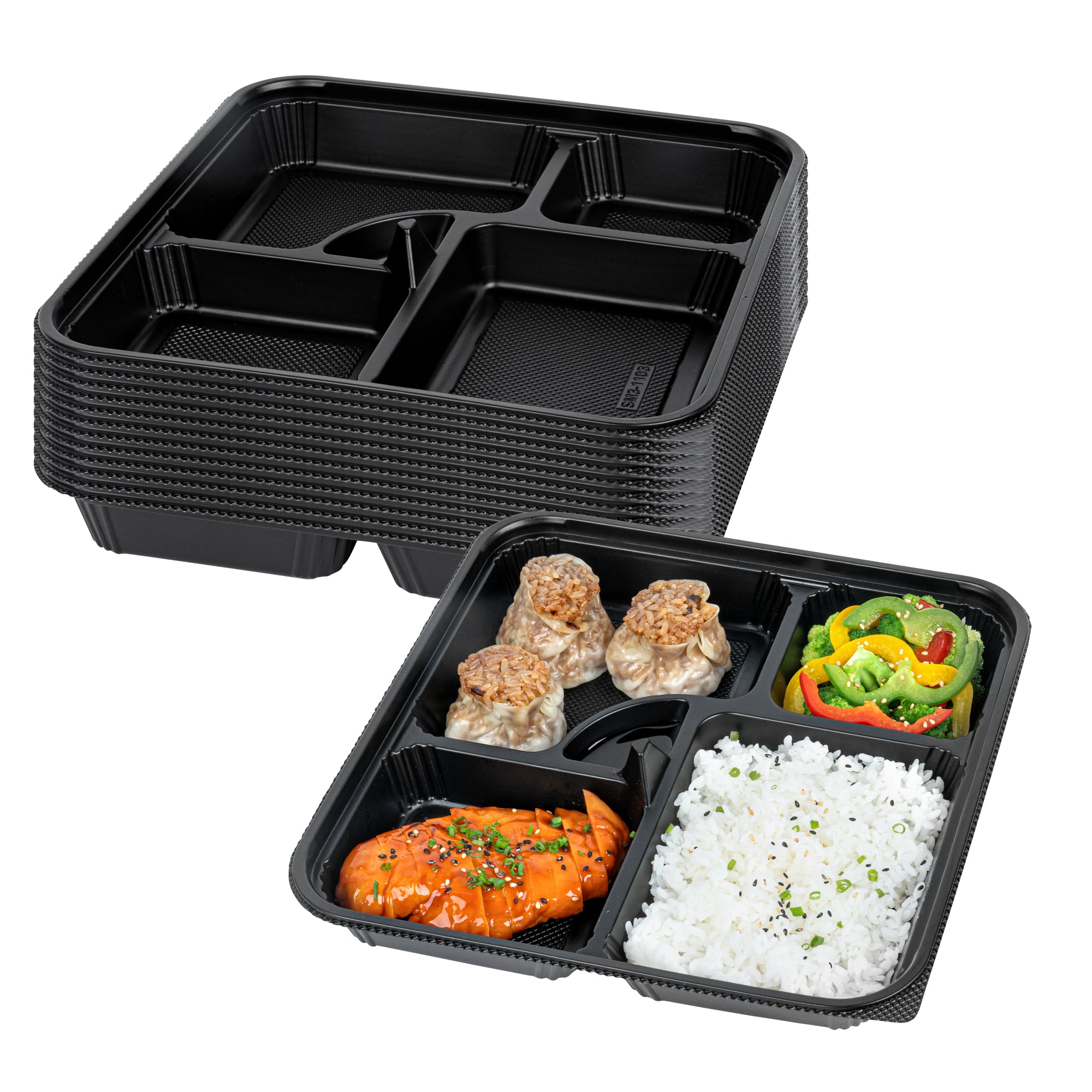 Bento Tek 40 oz Square Black Plastic Bento Box - 5 Compartments, Microwavable, Reusable Lunch Container (10.5